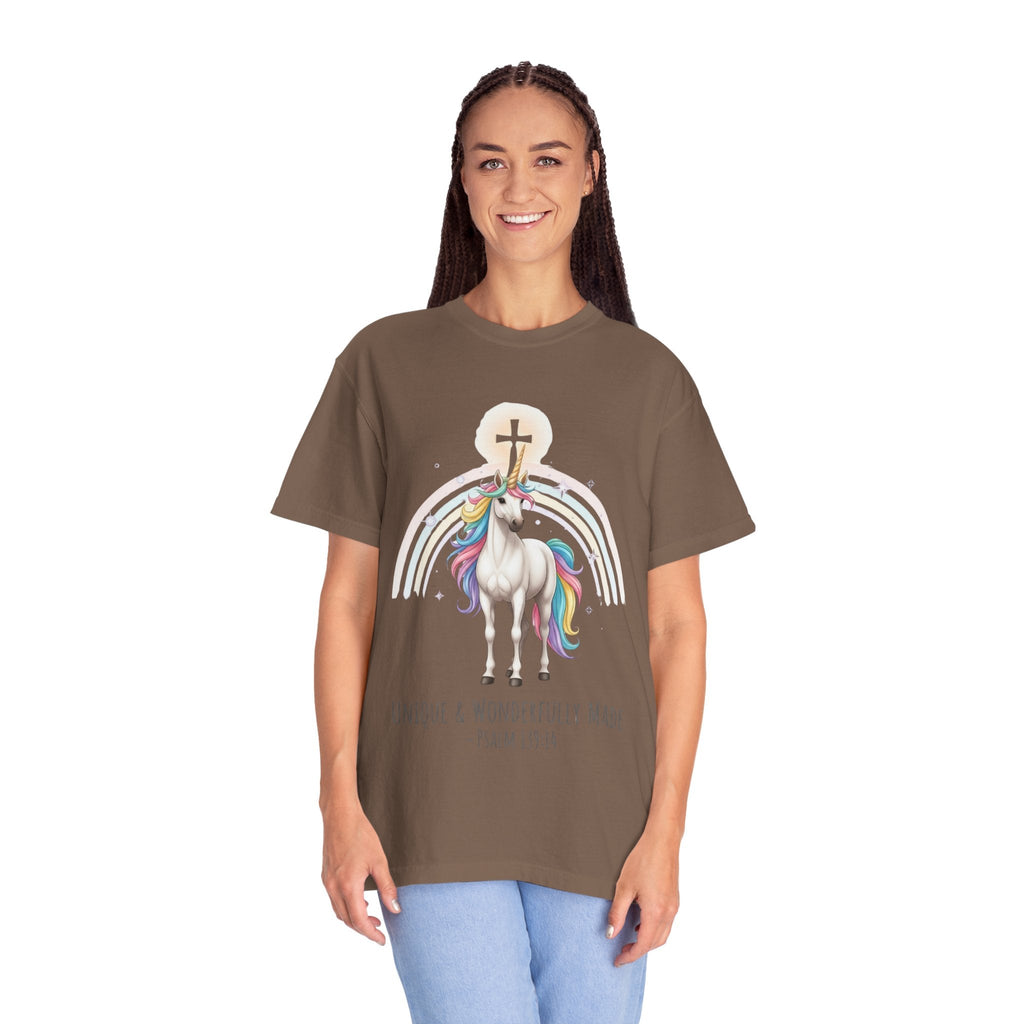 Unique Unicorn Christian T-Shirt – Wonderfully Made with Rainbow Cross & Psalm 139:14 Printify