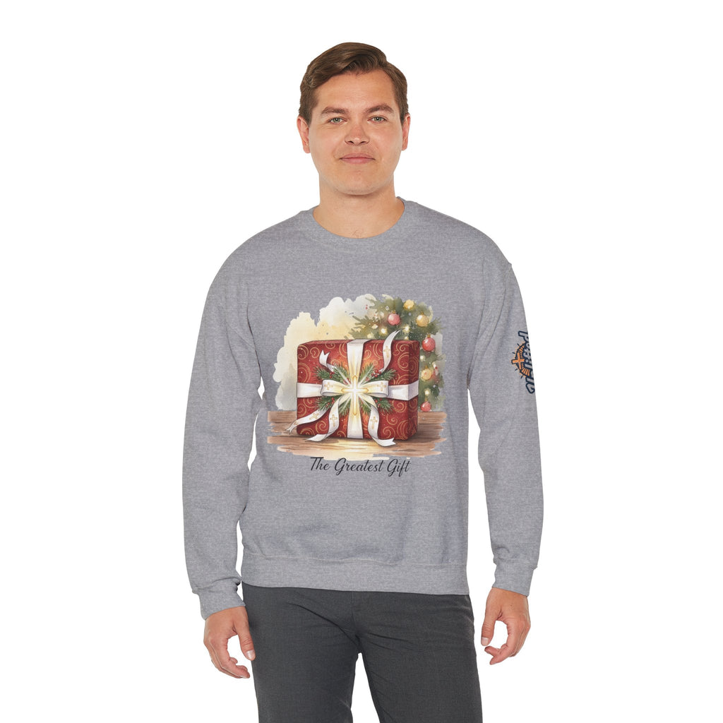 The Greatest Gift Sweatshirt – Cross Bow Present Christian Sweatshirt for Christmas Salvation & Eternal Faith Printify