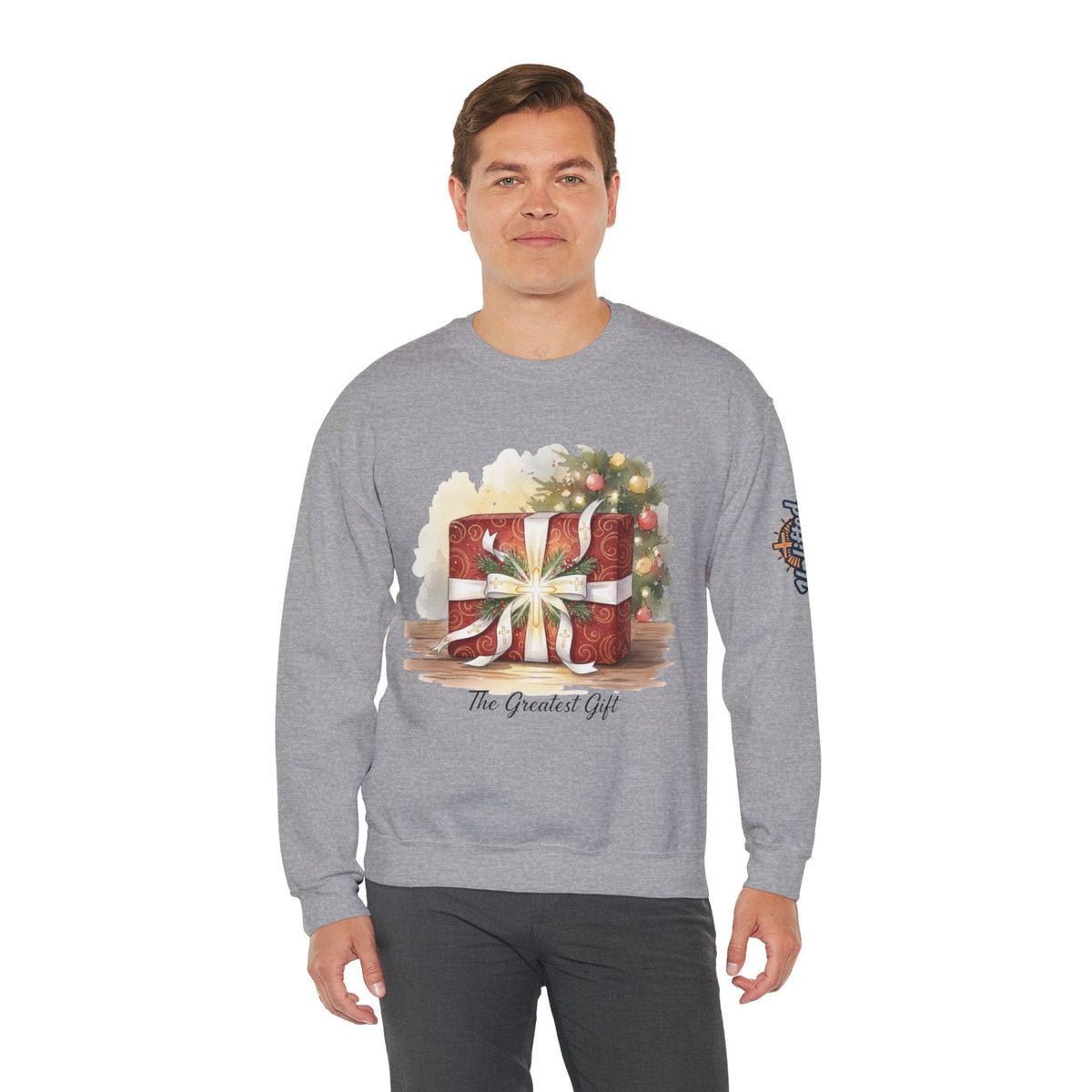 The Greatest Gift Sweatshirt – Cross Bow Present Christian Sweatshirt for Christmas Salvation & Eternal Faith Printify