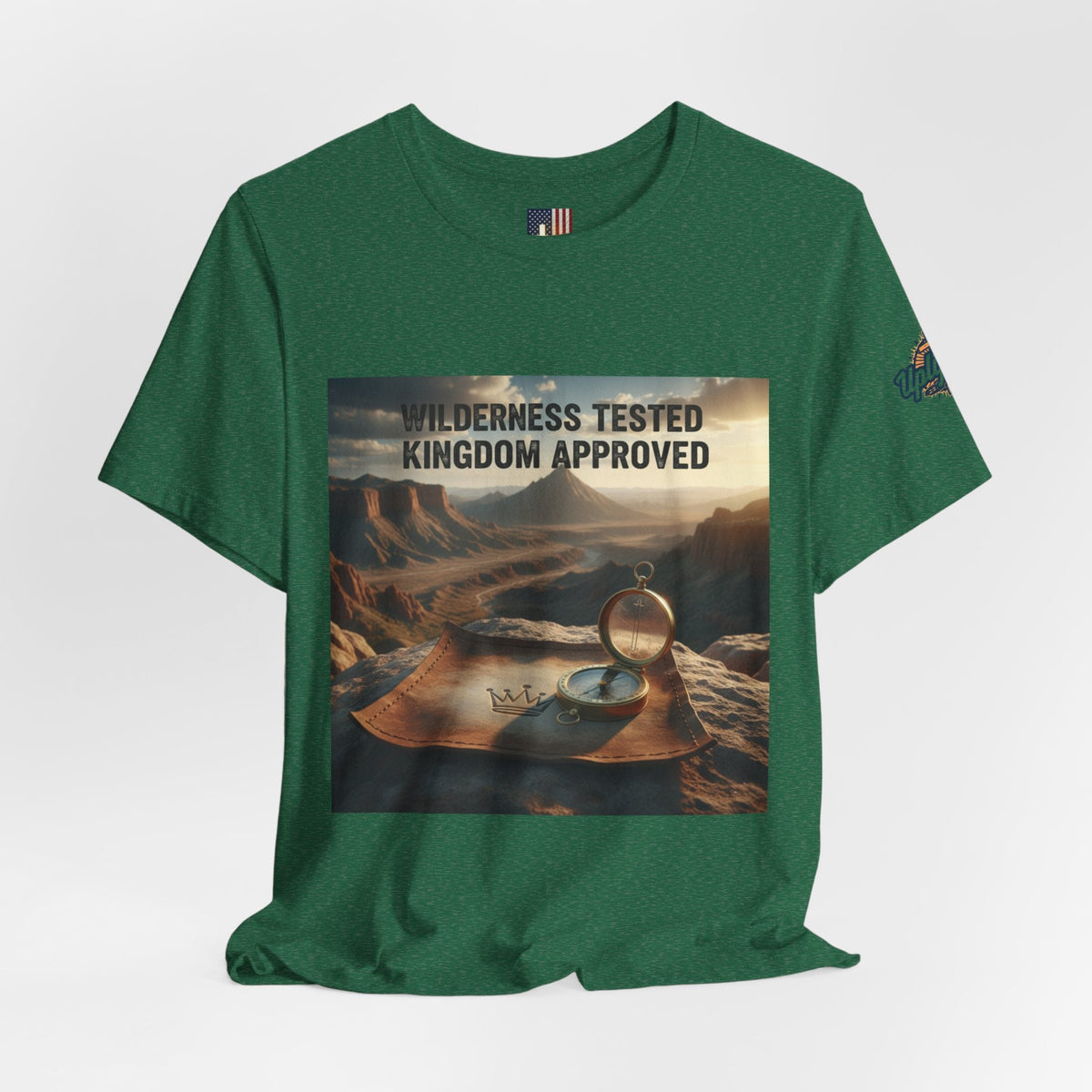 Wilderness Tested Kingdom Approved T-shirt – Mountain Desert Compass Crown Christian T-shirt for Biblical Adventure Faith Printify