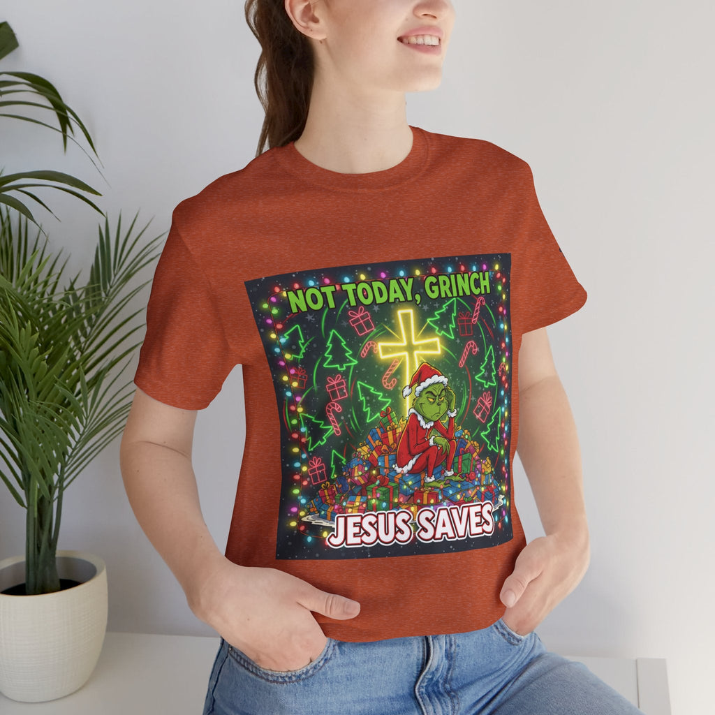 🎄 Not Today, Grinch – Jesus Saves | Funny Christian Christmas T-Shirt | Festive Green & Red Cartoon Style | Bold Faith Holiday Tee by Uplifted Gear Printify