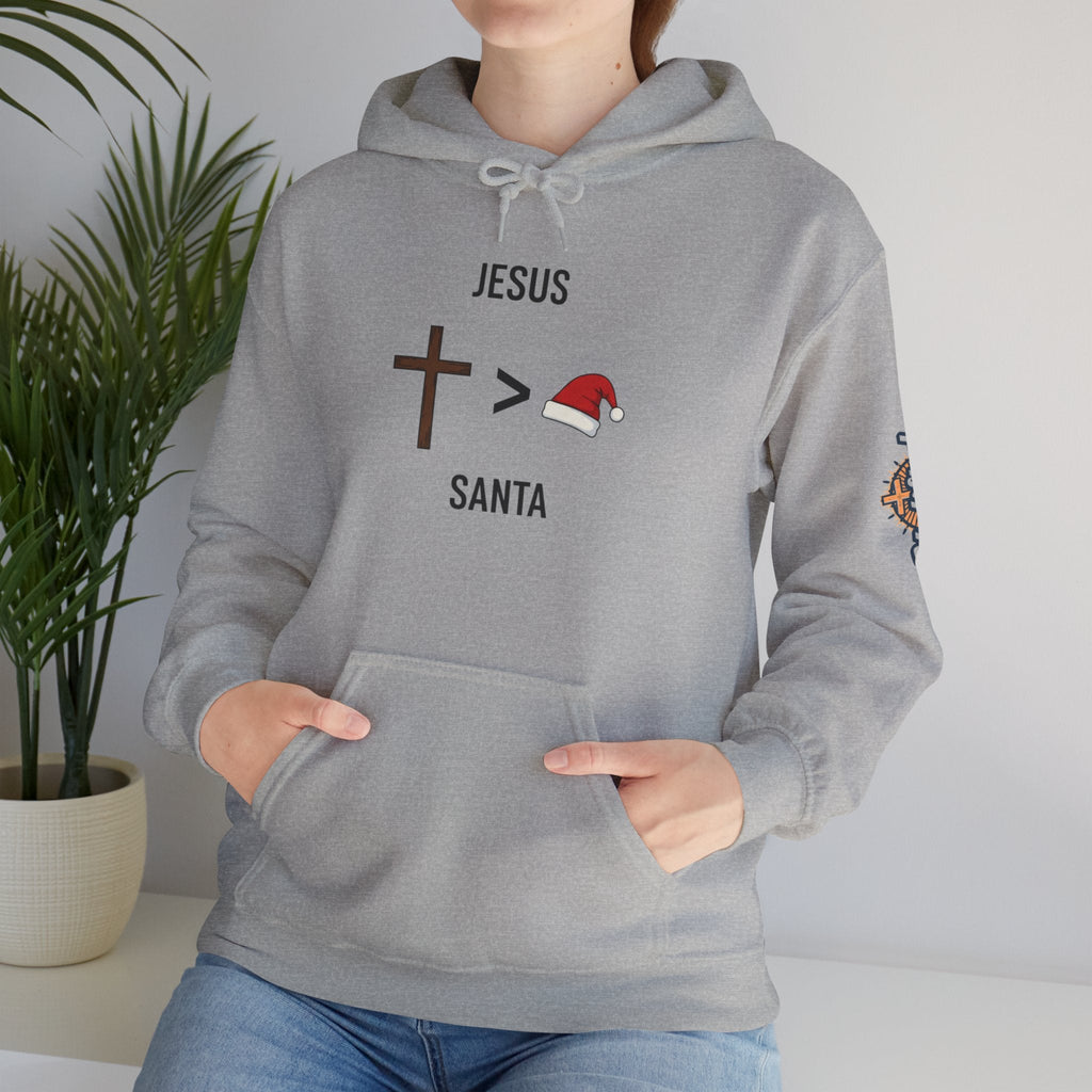 🎄 Jesus > Santa – Minimalist Christian Christmas Hoodie | Bold Faith Over Holiday Tee | Cross vs Santa Hat Design | Uplifted Gear Printify