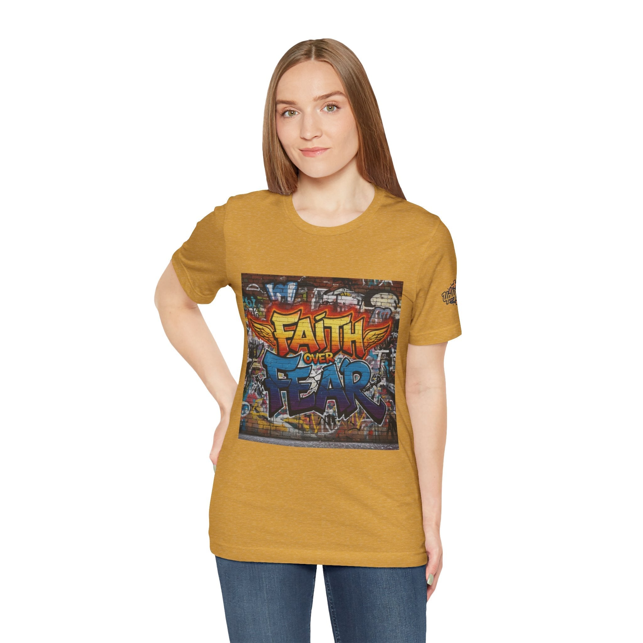 Faith Over Fear T-shirt – Graffiti Wall Christian T-shirt for Bold 2 Corinthians 5:7 Streetwear & Unshakable Faith Printify