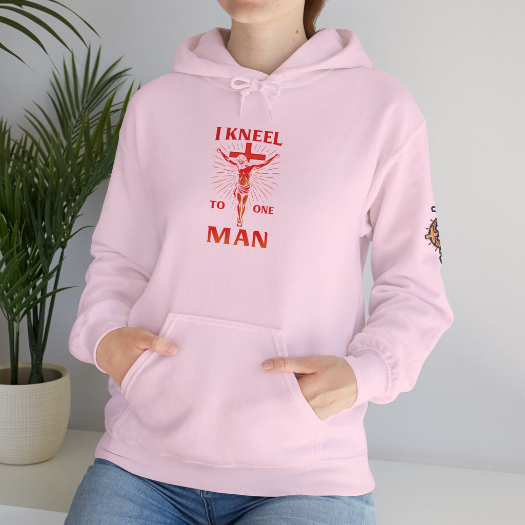 I Kneel to One Man Hoodie – Crucifixion Christian Sweatshirt for Unashamed Devotion & Bold Faith Printify