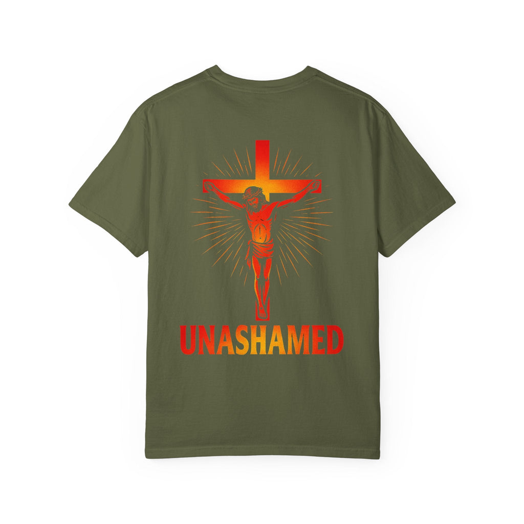 Unashamed T-shirt – Romans 1:16 Crucifixion Christian t-shirt for Bold Unwavering Faith Red Printify