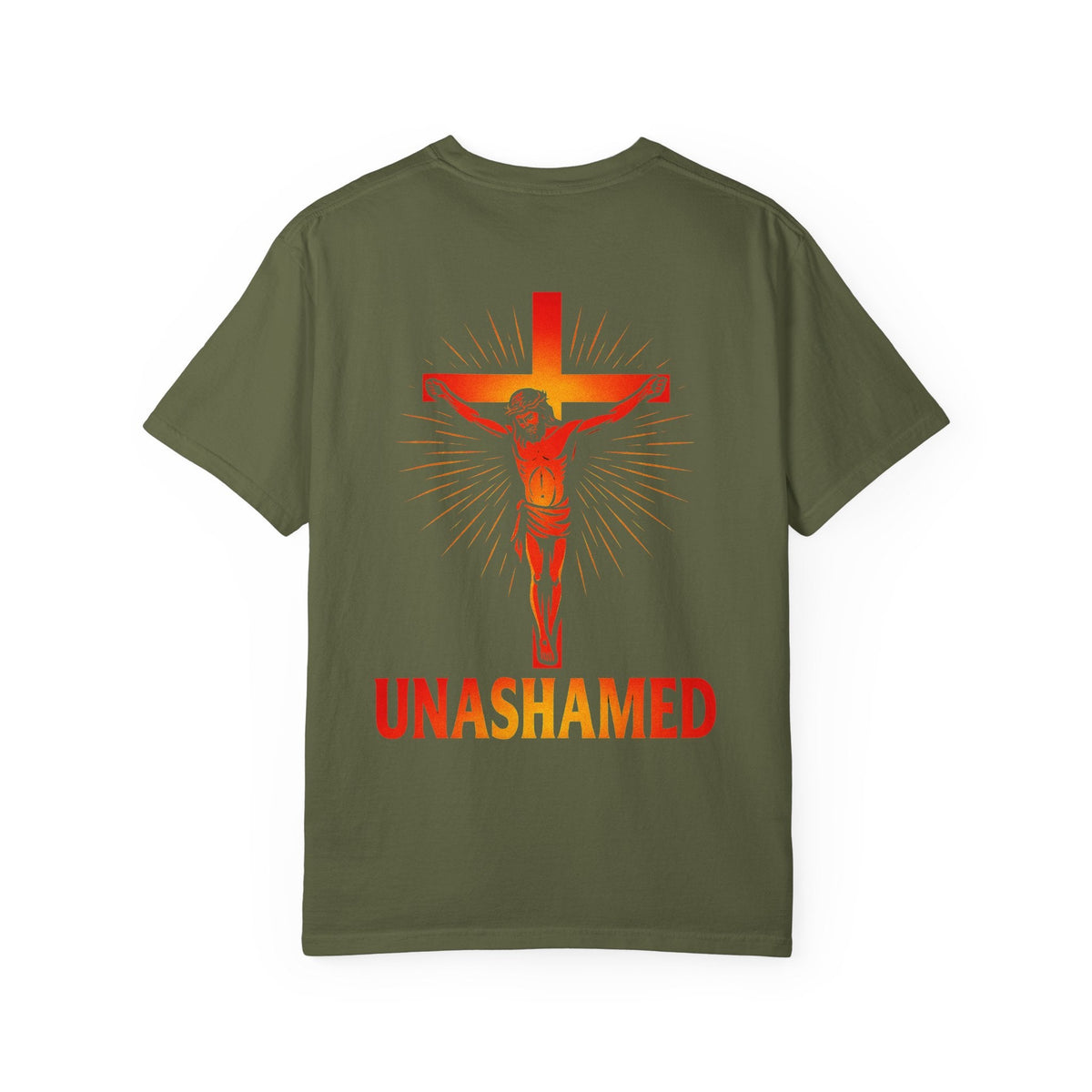 Unashamed T-shirt – Romans 1:16 Crucifixion Christian t-shirt for Bold Unwavering Faith Red Printify
