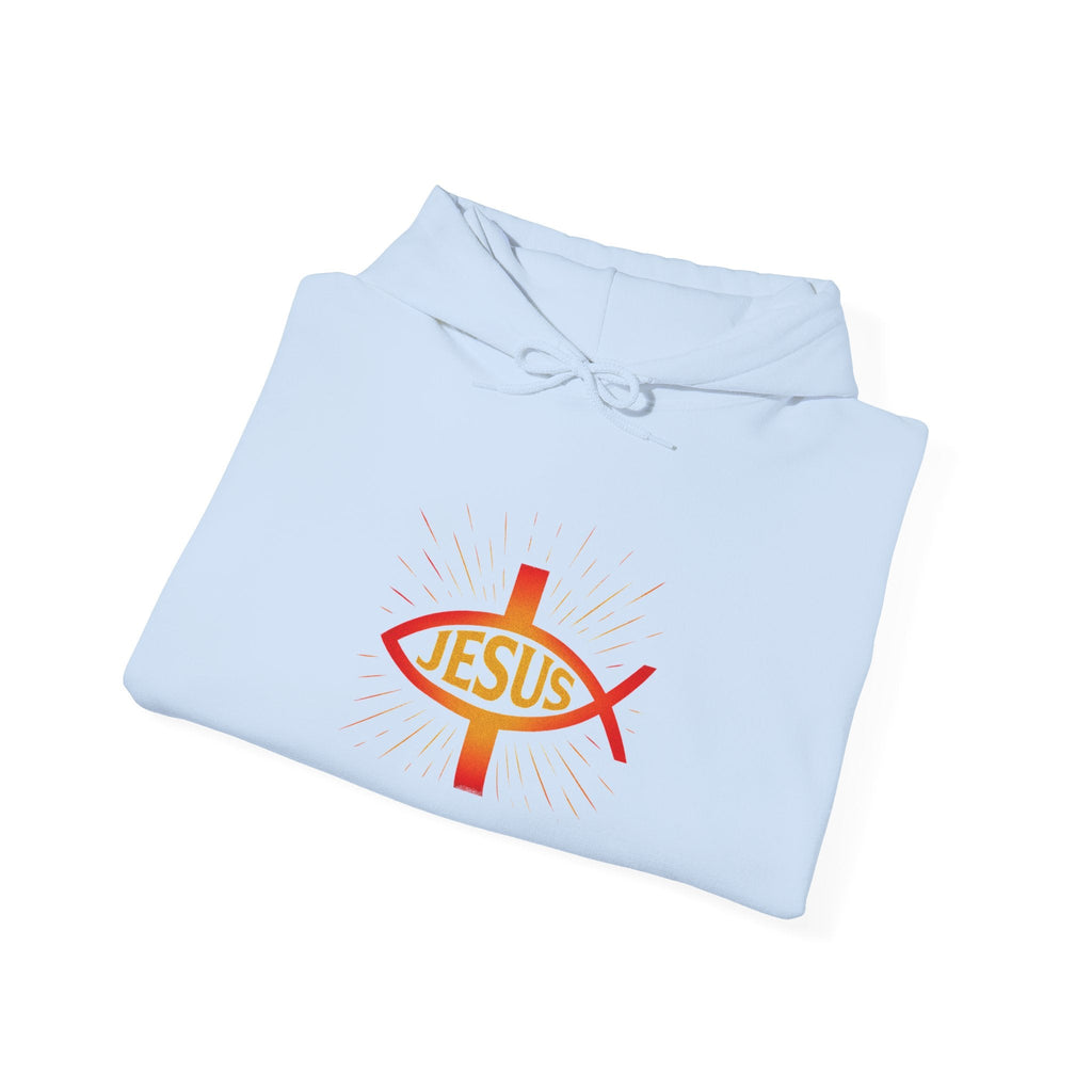 Jesus Ichthys Hoodie – Christian Fish Symbol with Cross & Jesus Inscription Sweatshirt for Eternal Faith & Streetwear Printify