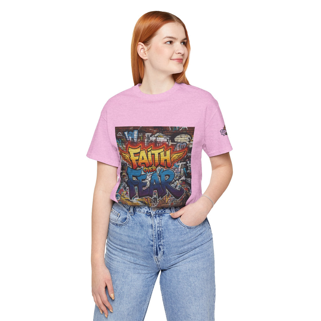 Faith Over Fear T-shirt – Graffiti Wall Christian T-shirt for Bold 2 Corinthians 5:7 Streetwear & Unshakable Faith Printify