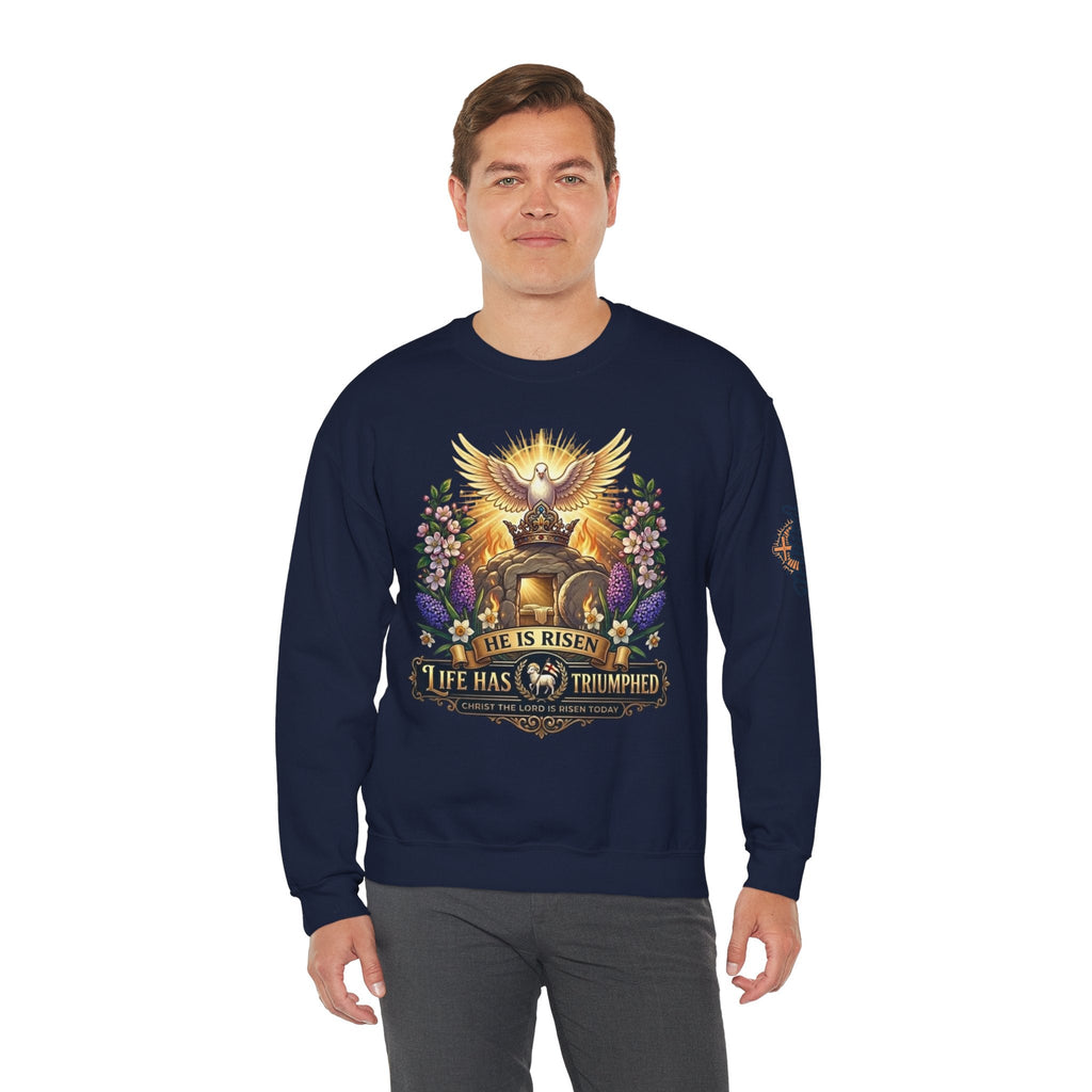 He Is Risen "Life Has Triumphed" Sweatshirt — Easter Resurrection Christian Sweatshirt Printify