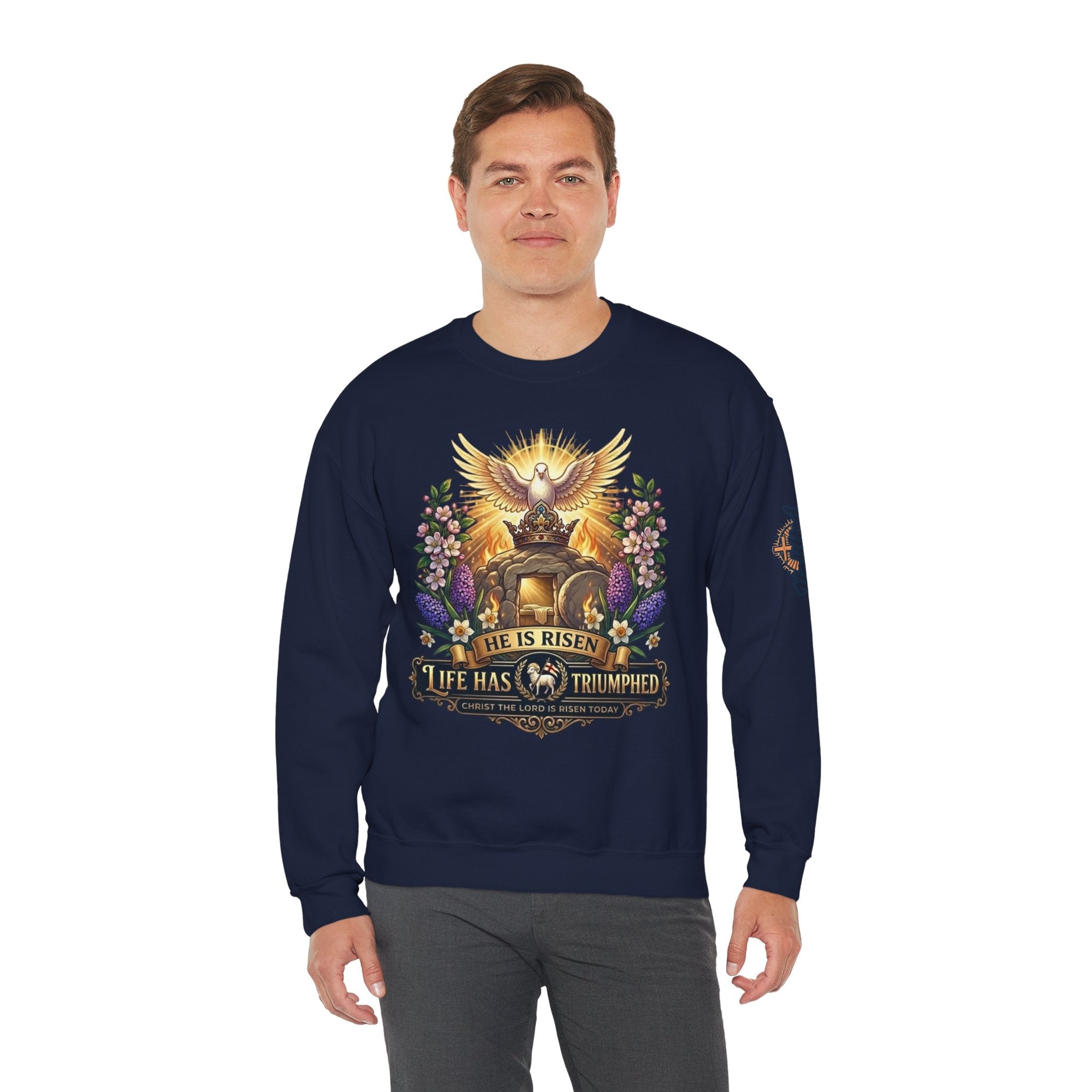 He Is Risen "Life Has Triumphed" Sweatshirt — Easter Resurrection Christian Sweatshirt Printify