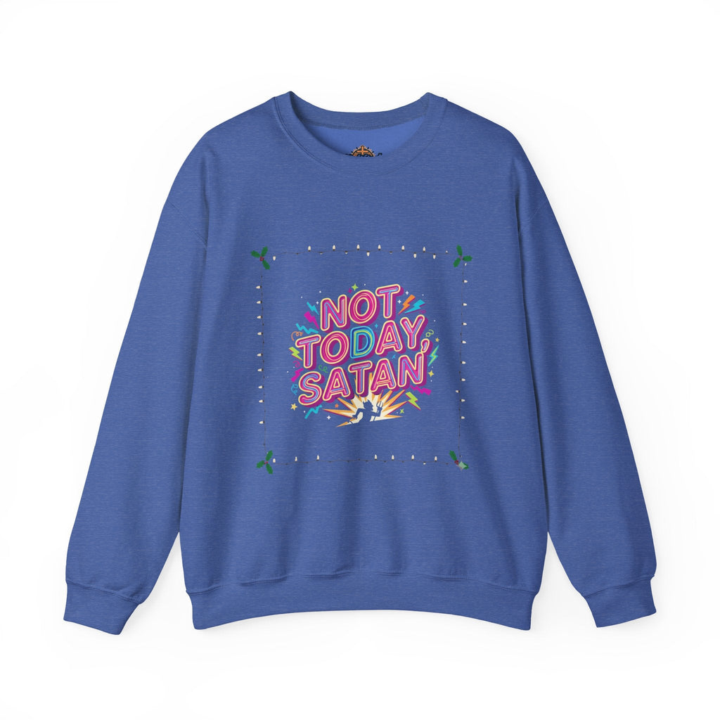 🔥 Not Today, Satan – Retro 90s Christian Sweatshirt | Neon Faith Tee | Funky Cartoon Devil | Bold Bible Verse Shirt | Uplifted Gear Printify