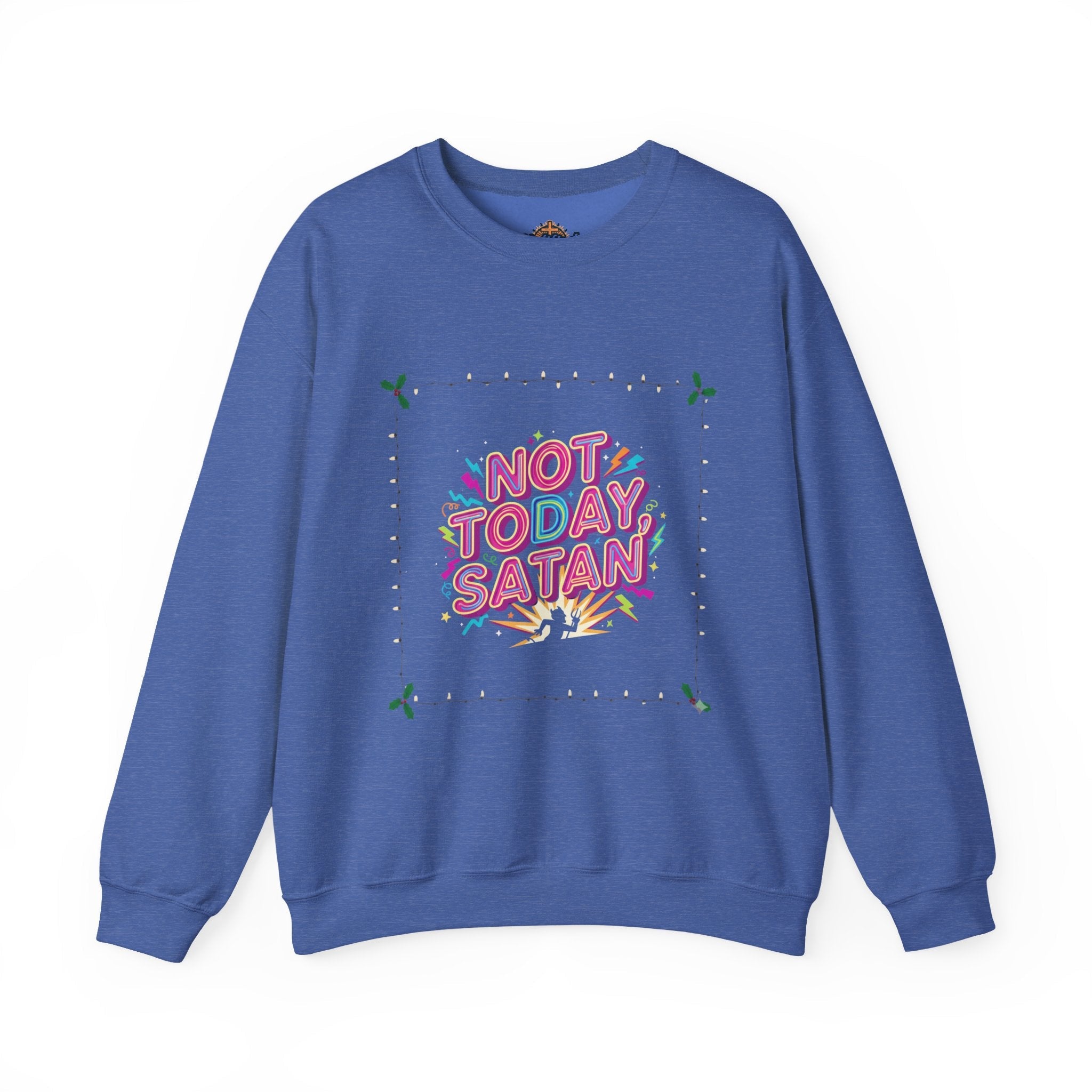 🔥 Not Today, Satan – Retro 90s Christian Sweatshirt | Neon Faith Tee | Funky Cartoon Devil | Bold Bible Verse Shirt | Uplifted Gear Printify