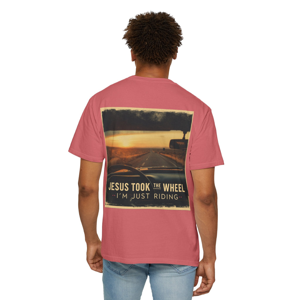 Jesus Took the Wheel I'm Just Riding T-shirt – Funny Christian Convertible Car T-shirt for Surrendered Faith & Humor Printify