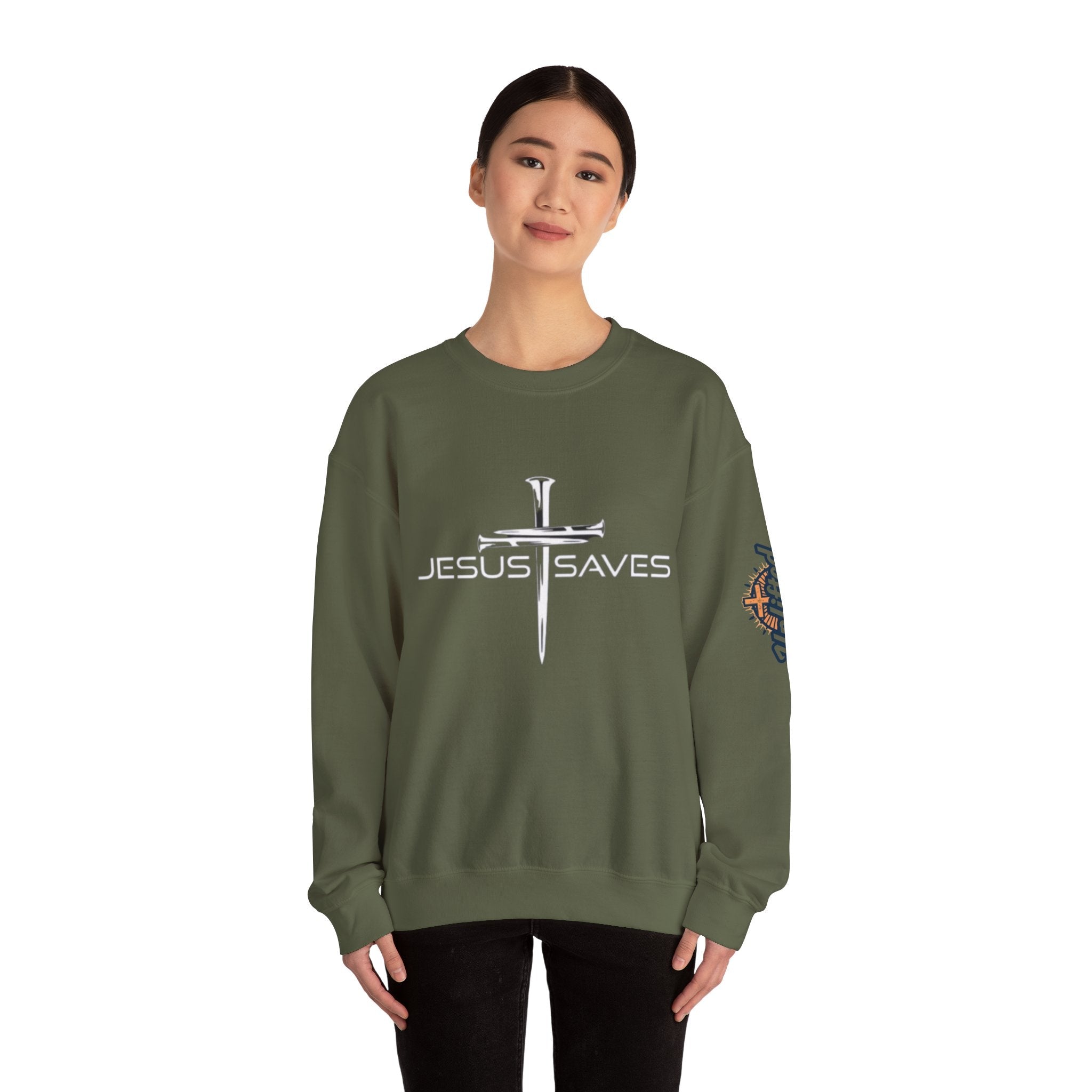 Jesus Saves Sweatshirt – 3 Nails Crucifix Cross Christian Sweatshirt for Redemption Faith & Bold Salvation Printify
