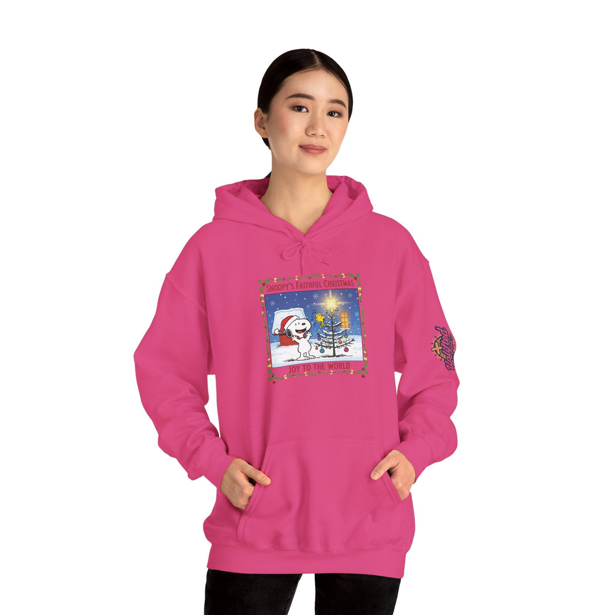 🎄 Faithful Christmas Friends – Christian Holiday Hoodie | Festive Tree & Cartoon Duo | Heartwarming Christmas Tee by Uplifted Gear Printify