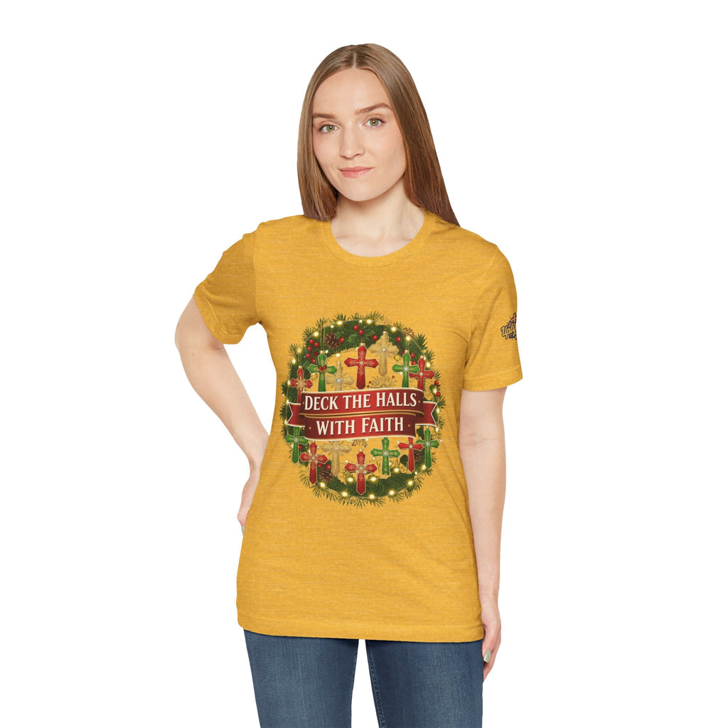 🎄 Deck the Halls with Faith – Christian Christmas T-Shirt | Cross Ornament Design & Festive Garland | Bold Holiday Faith Tee by Uplifted Gear Printify