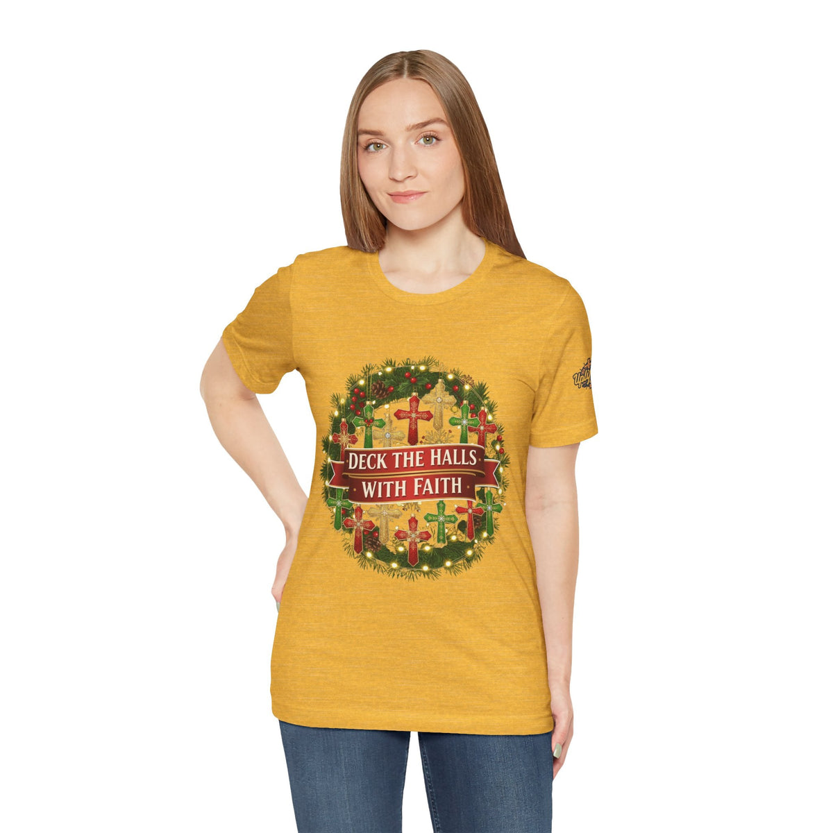 🎄 Deck the Halls with Faith – Christian Christmas T-Shirt | Cross Ornament Design & Festive Garland | Bold Holiday Faith Tee by Uplifted Gear Printify