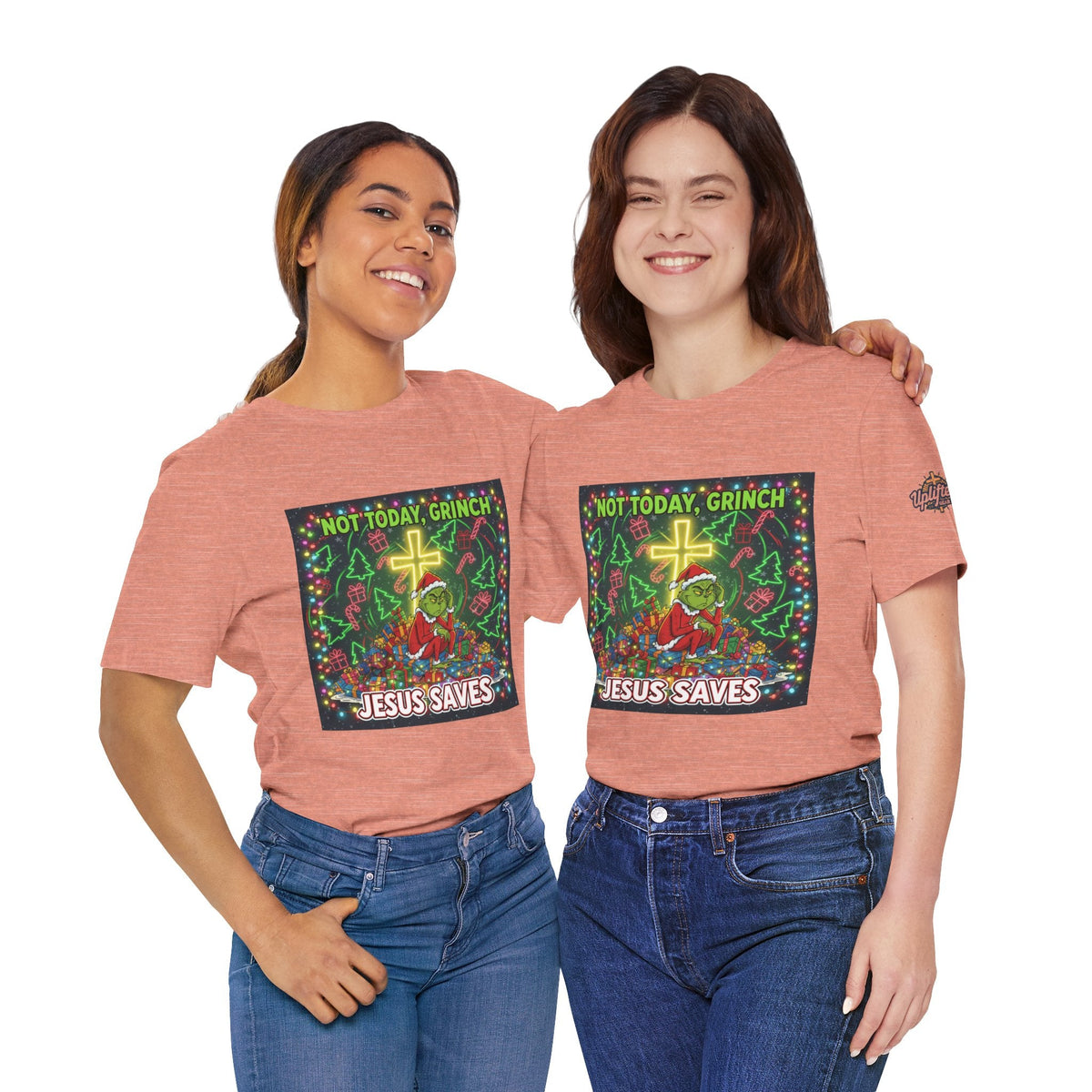 🎄 Not Today, Grinch – Jesus Saves | Funny Christian Christmas T-Shirt | Festive Green & Red Cartoon Style | Bold Faith Holiday Tee by Uplifted Gear Printify