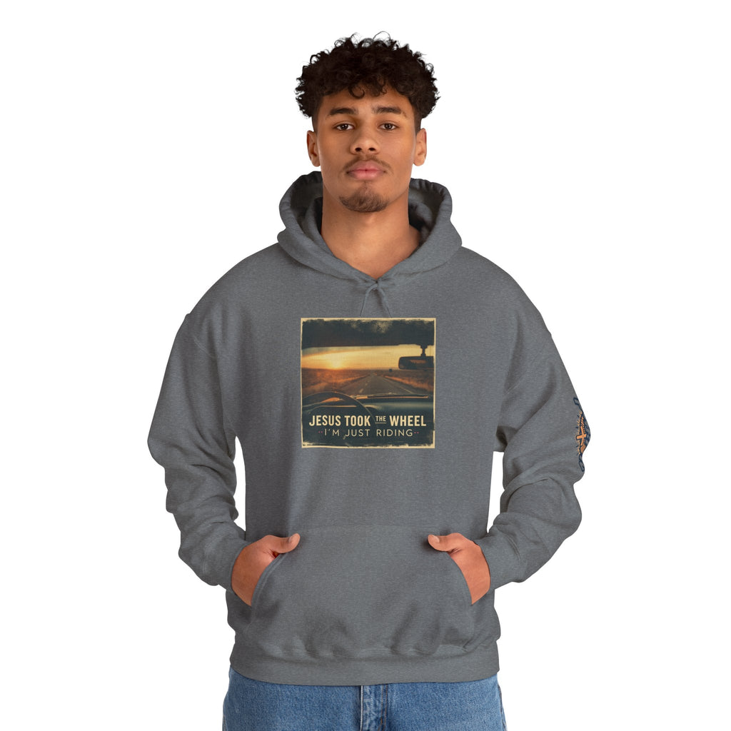 Jesus Took the Wheel I'm Just Riding Hoodie – Funny Christian Convertible Car Sweatshirt for Surrendered Faith & Humor Printify