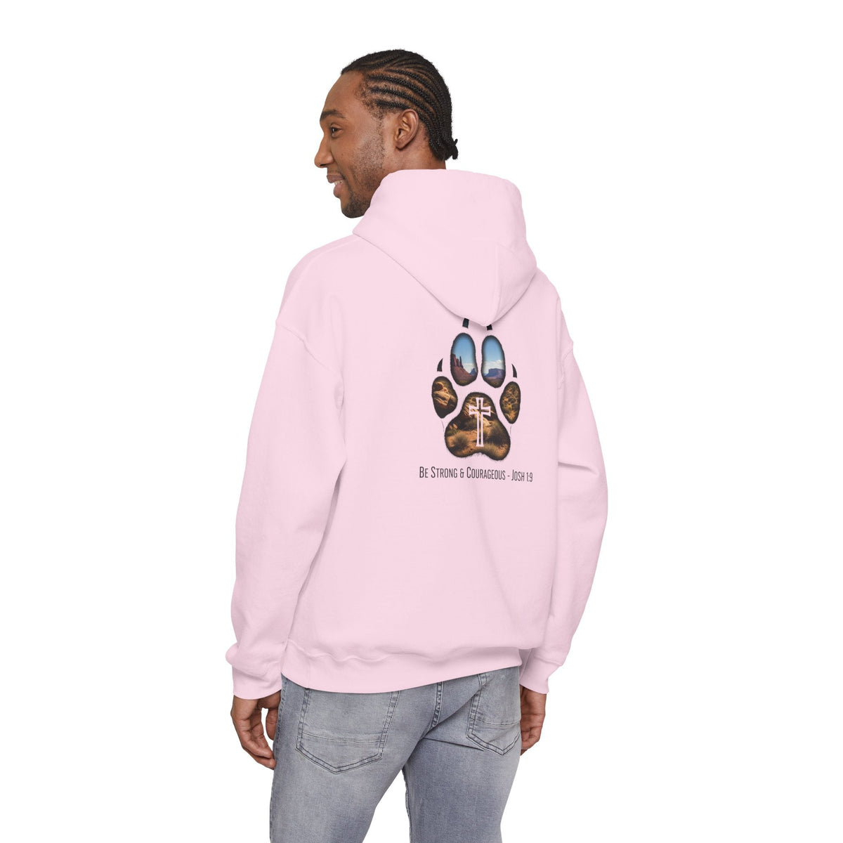 Strong and Courageous Hoodie – Joshua 1:9 Canine Pawprint Desert Christian Hoodie for Dog Lovers Printify