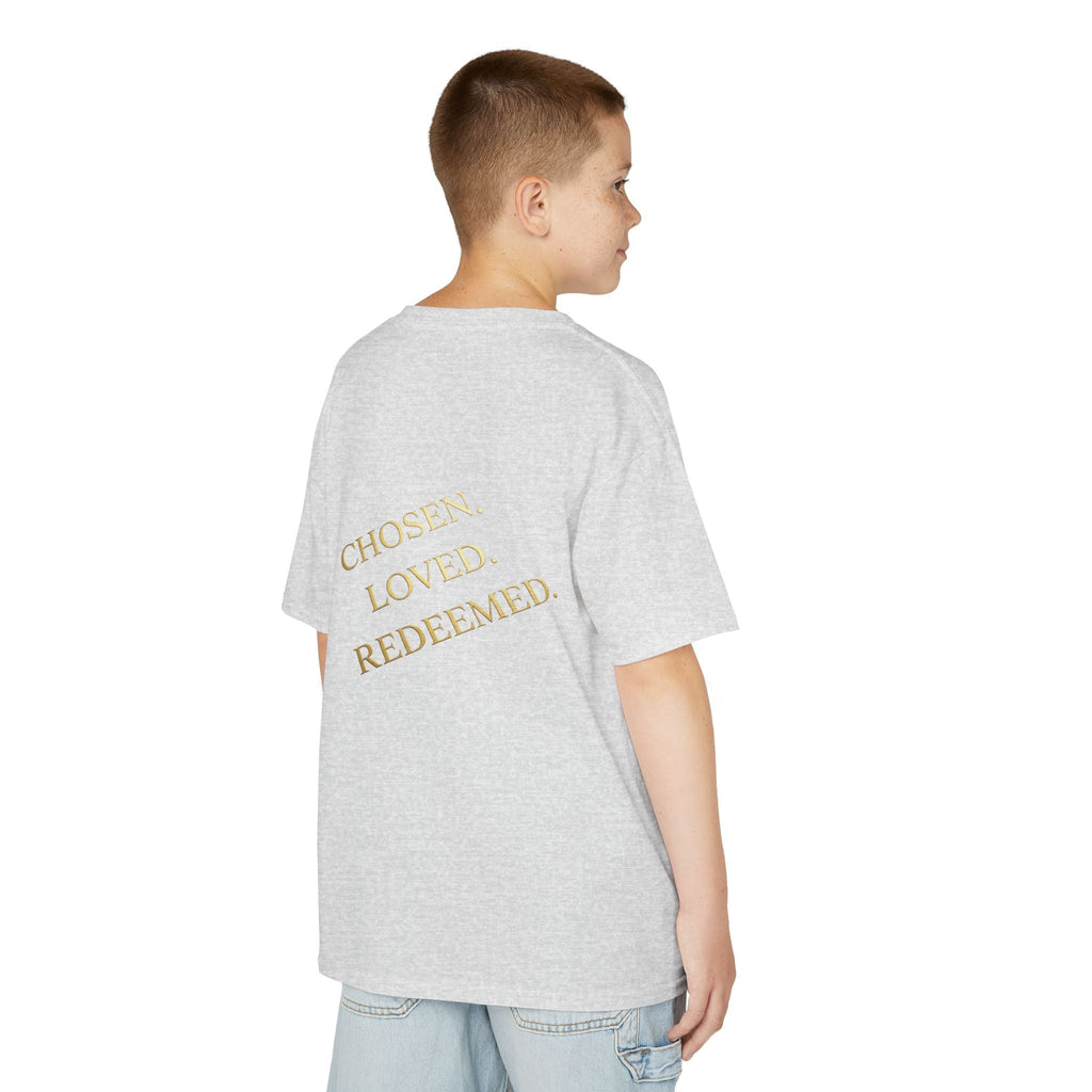 ✨ Chosen. Loved. Redeemed. – Elegant Christian Kids T-Shirt | Gold Foil Faith Tee | Subtle Cross & Heart Design | Inspirational Bible Verse Apparel by Uplifted Gear Printify