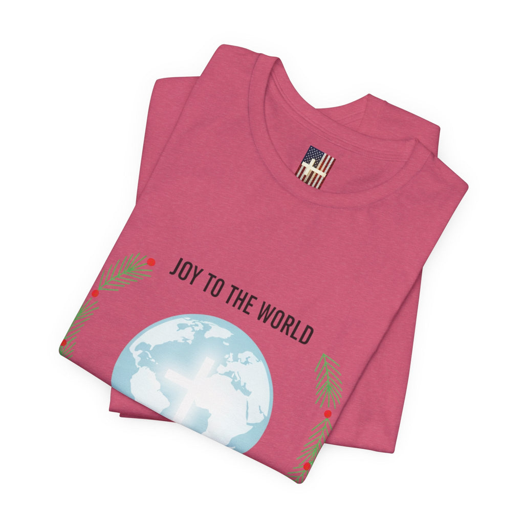 Joy to the World T-shirt – Wreath Earth Nativity Christian Christmas T-shirt for Isaiah 9:6 Holiday Faith & Festive Joy Printify