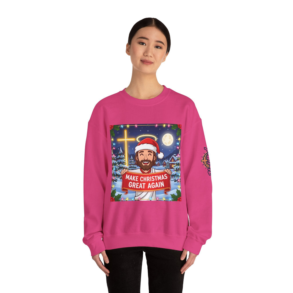 🎄 Make Christmas Great Again – Funny Christian Sweatshirt | Jesus Holding Banner | Faith-Based Holiday Parody Tee | Uplifted Gear Printify