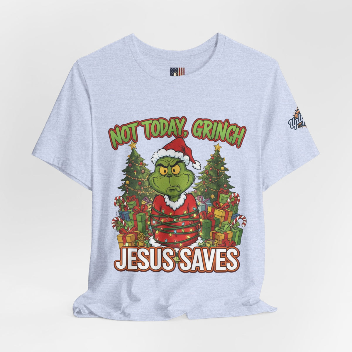 🎄 Not Today, Grinch – Jesus Saves | Funny Christian Christmas T-Shirt | Sulking Grinch & Glowing Cross | Bold Neon Faith Tee by Uplifted Gear Printify