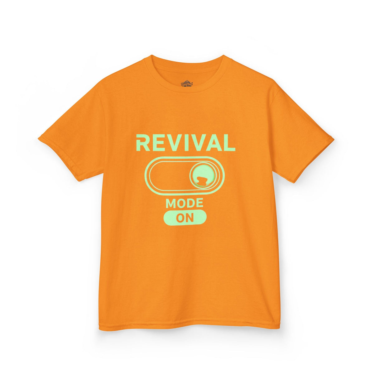 🔥 Revival Mode: ON – Christian Techwear Kids T-Shirt | Glowing Green Faith Switch | Futuristic Jesus Shirt | Activate Your Spiritual Awakening | Uplifted Gear Printify