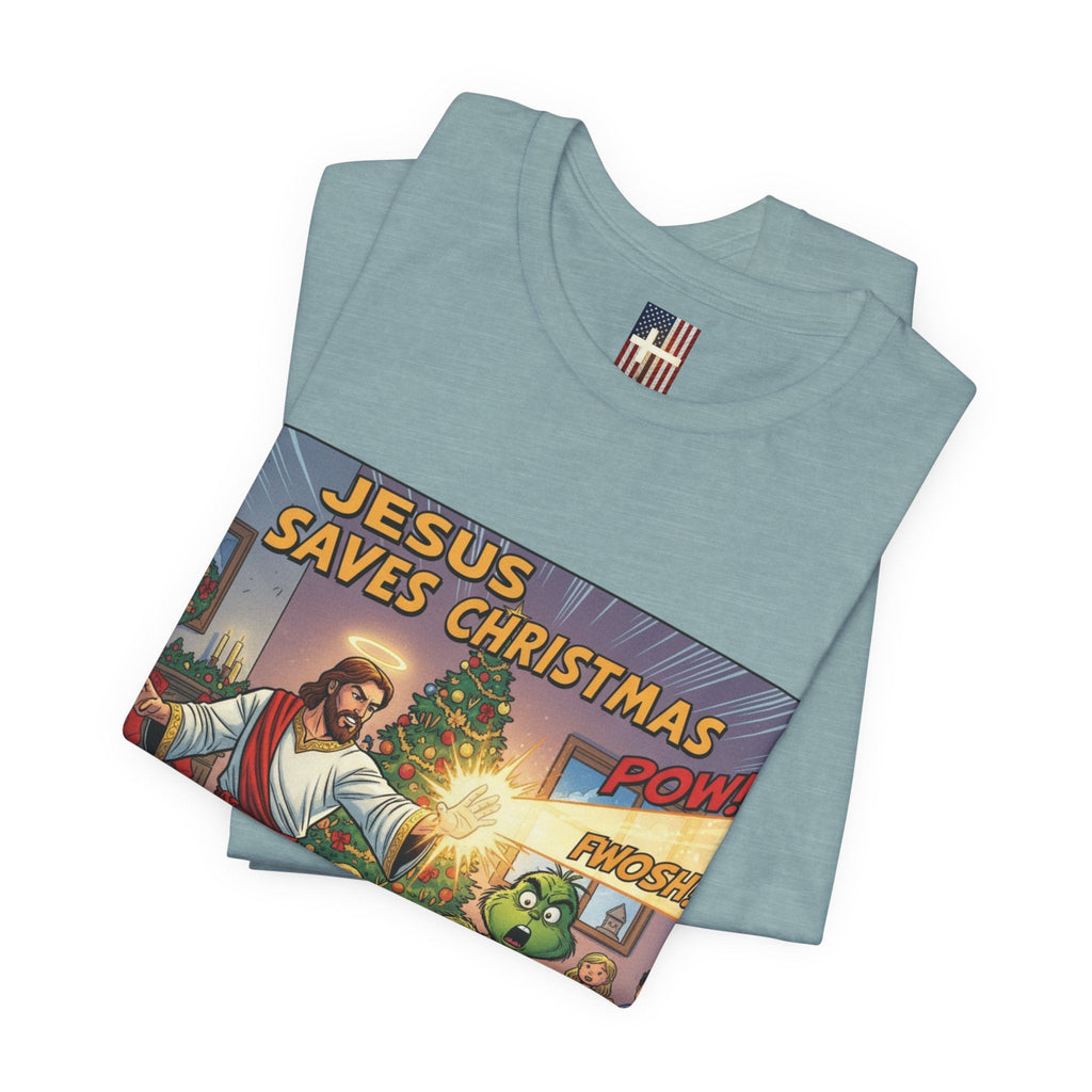 Jesus Saves Christmas T-shirt – Grinch vs Savior Light Battle Christian T-shirt for Hilarious Holiday Faith & True Joy Printify