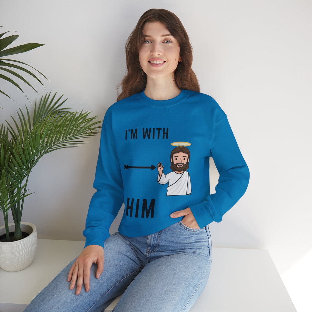 🔥 I’m With Him → Christian Sweatshirt | Arrow Pointing to Jesus | Minimalist Faith Tee | Subtle Cross Design | Bible-Inspired Apparel by Uplifted Gear Printify