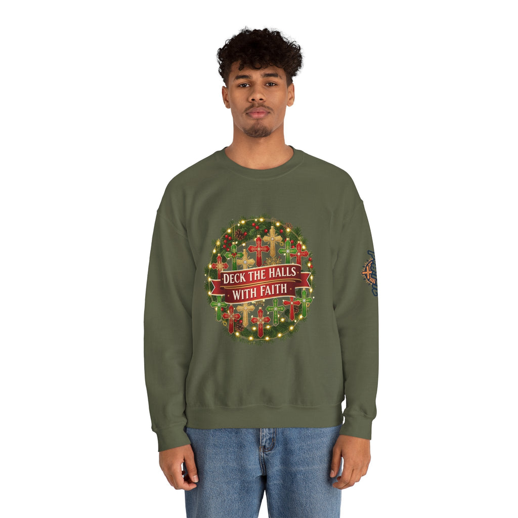 🎄 Deck the Halls with Faith – Christian Christmas Sweatshirt | Cross Ornament Design & Festive Garland | Bold Holiday Faith Tee by Uplifted Gear Printify