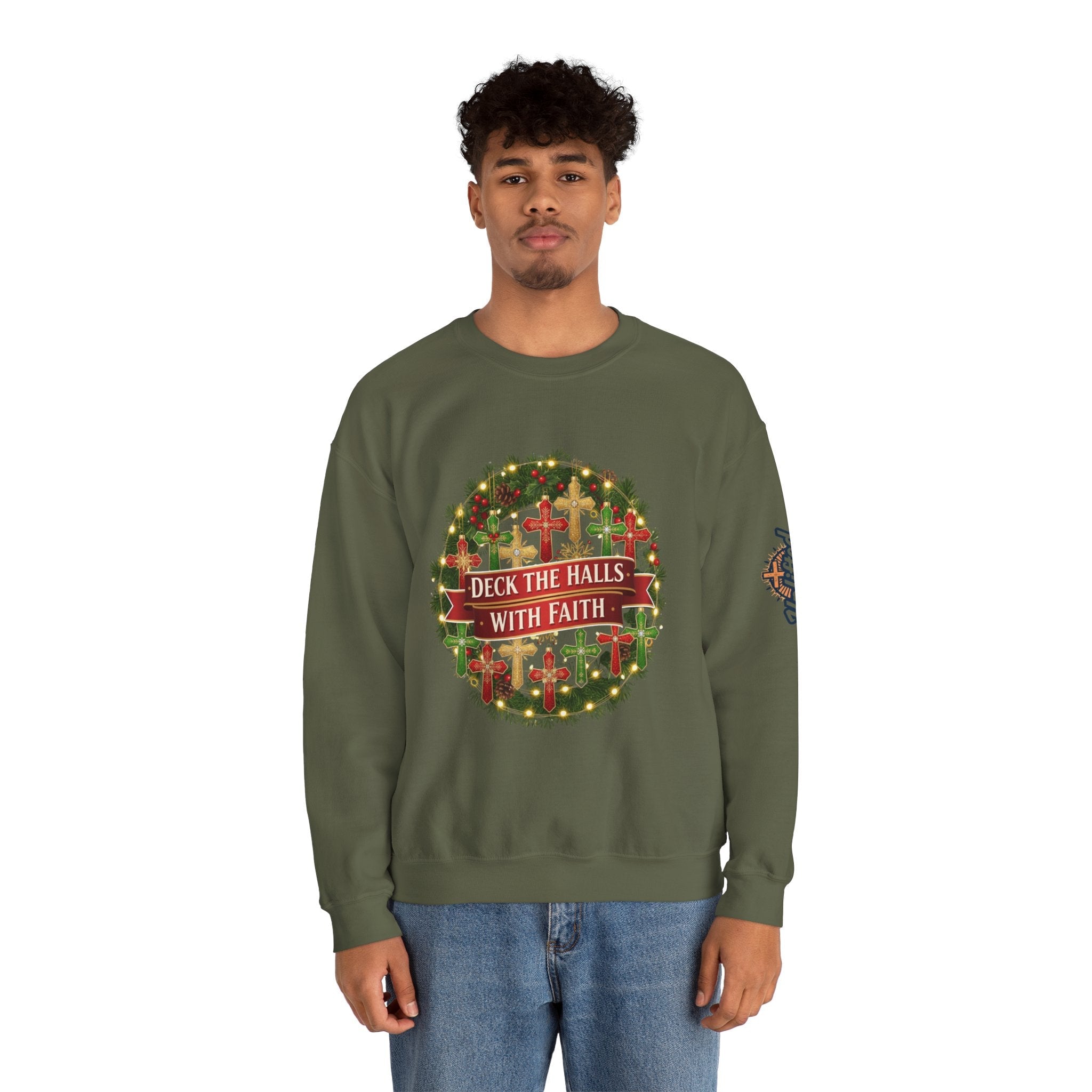 🎄 Deck the Halls with Faith – Christian Christmas Sweatshirt | Cross Ornament Design & Festive Garland | Bold Holiday Faith Tee by Uplifted Gear Printify
