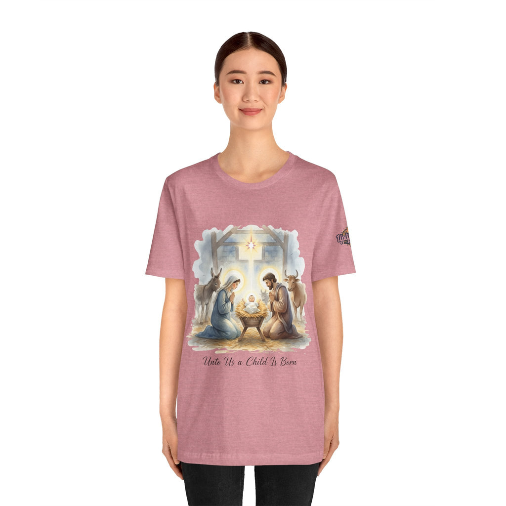 Unto Us a Child is Born T-shirt – Isaiah 9:6 Nativity Manger Scene Christian Christmas T-shirt for Holy Night Faith Printify