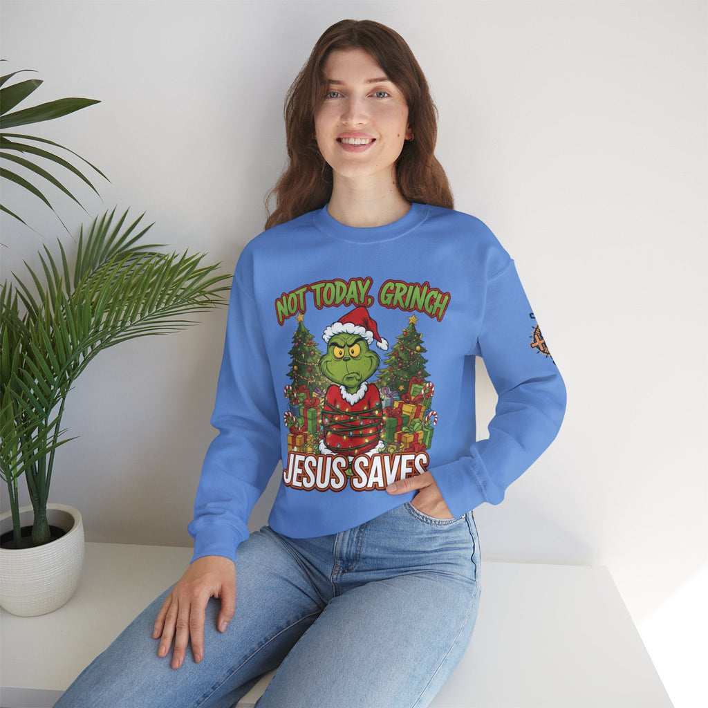 🎄 Not Today, Grinch – Jesus Saves | Funny Christian Christmas Sweatshirt | Sulking Grinch & Glowing Cross | Bold Neon Faith Tee by Uplifted Gear Printify