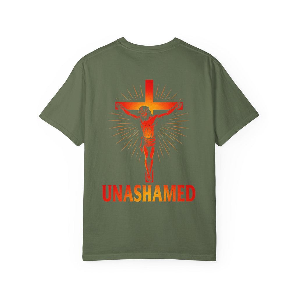 Unashamed T-shirt – Romans 1:16 Crucifixion Christian t-shirt for Bold Unwavering Faith Red Printify