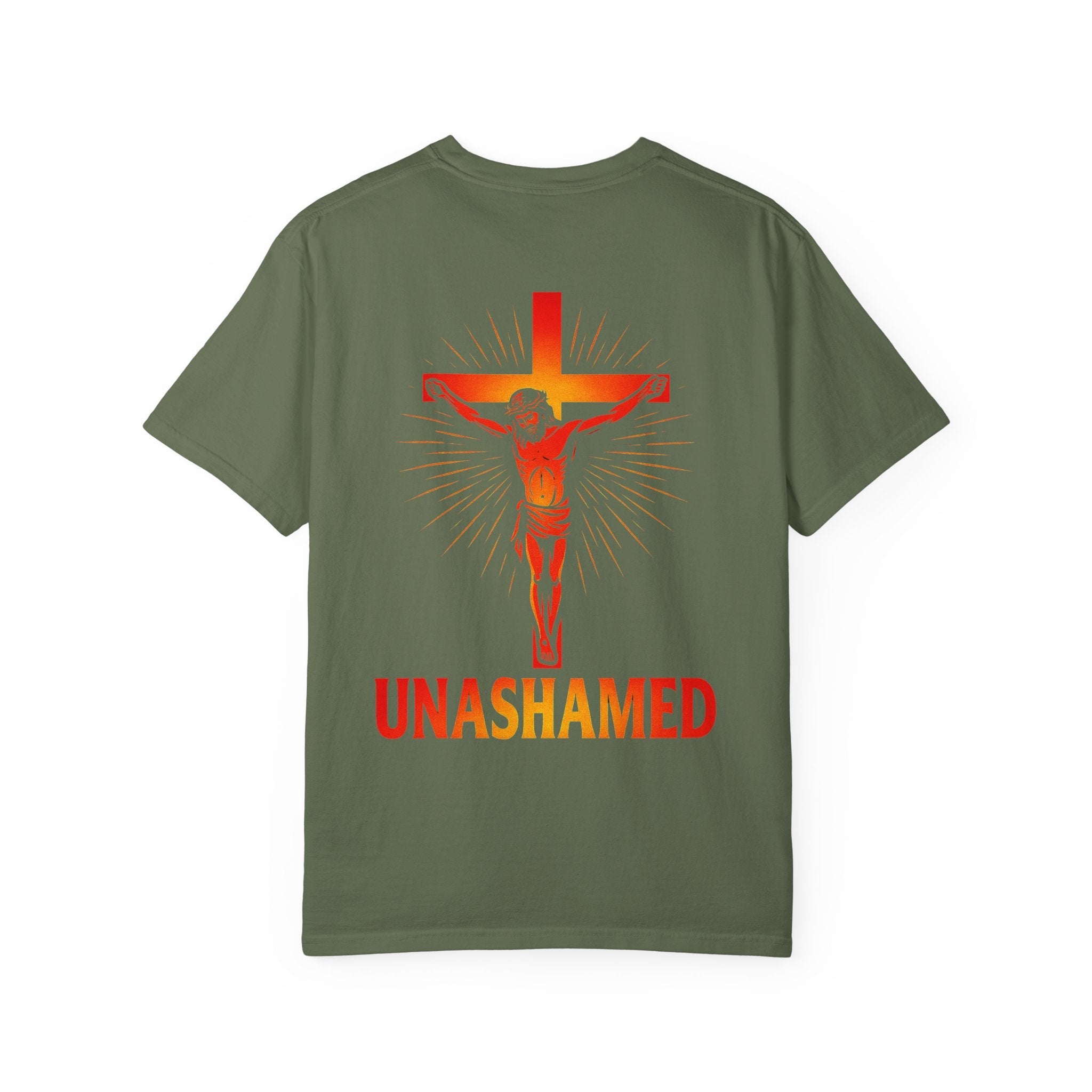 Unashamed T-shirt – Romans 1:16 Crucifixion Christian t-shirt for Bold Unwavering Faith Red Printify