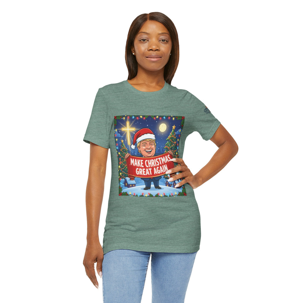 🎄 Make Christmas Great Again – Patriotic Christian Christmas T-Shirt | Bold Holiday Faith Tee | Red & White Banner Design | Uplifted Gear Printify