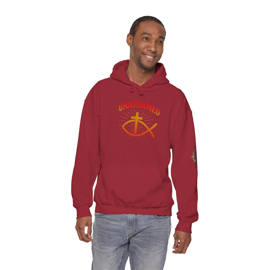 Unashamed Hoodie – Ichthys Jesus Fish & Cross Christian Sweatshirt for Romans 1:16 Bold Faith Printify