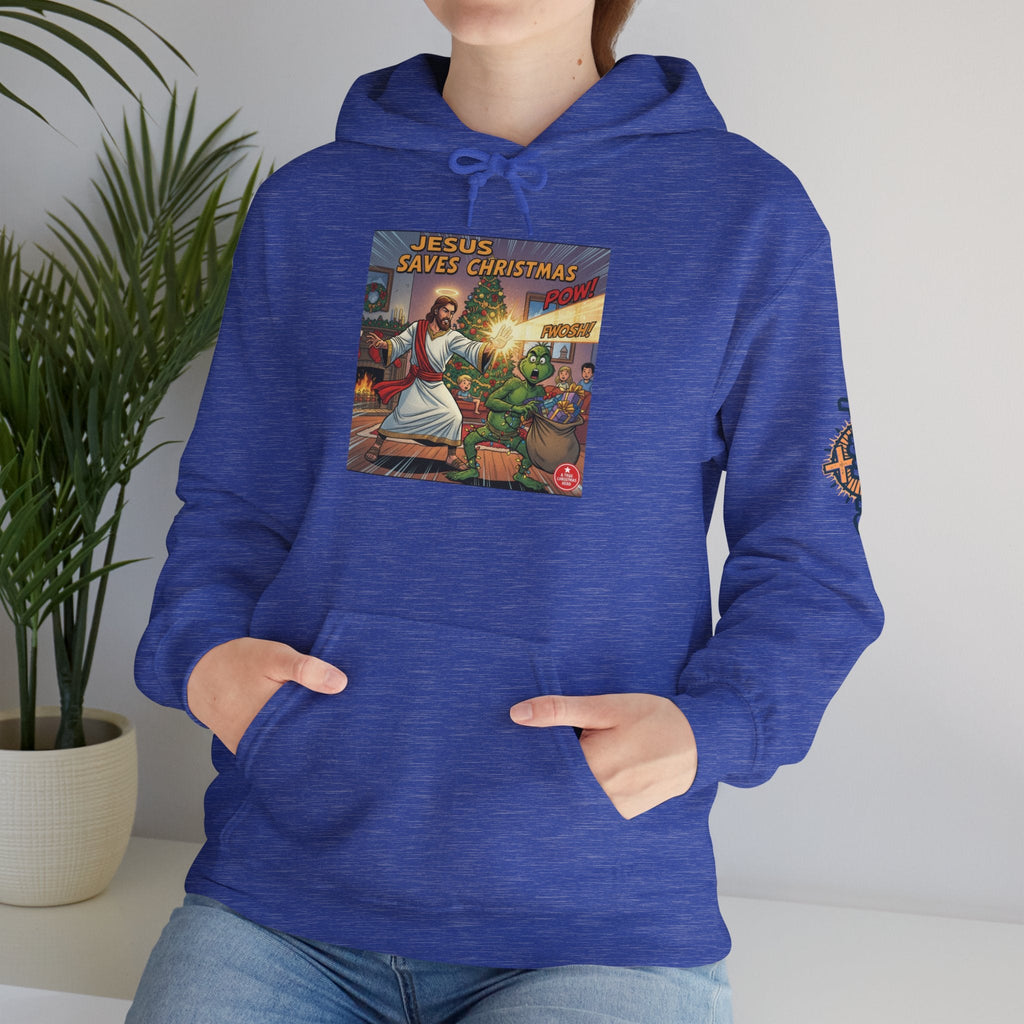 Jesus Saves Christmas Hoodie – Grinch vs Savior Light Battle Christian Sweatshirt for Hilarious Holiday Faith & True Joy Printify