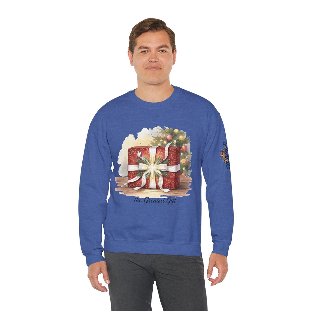 The Greatest Gift Sweatshirt – Cross Bow Present Christian Sweatshirt for Christmas Salvation & Eternal Faith Printify