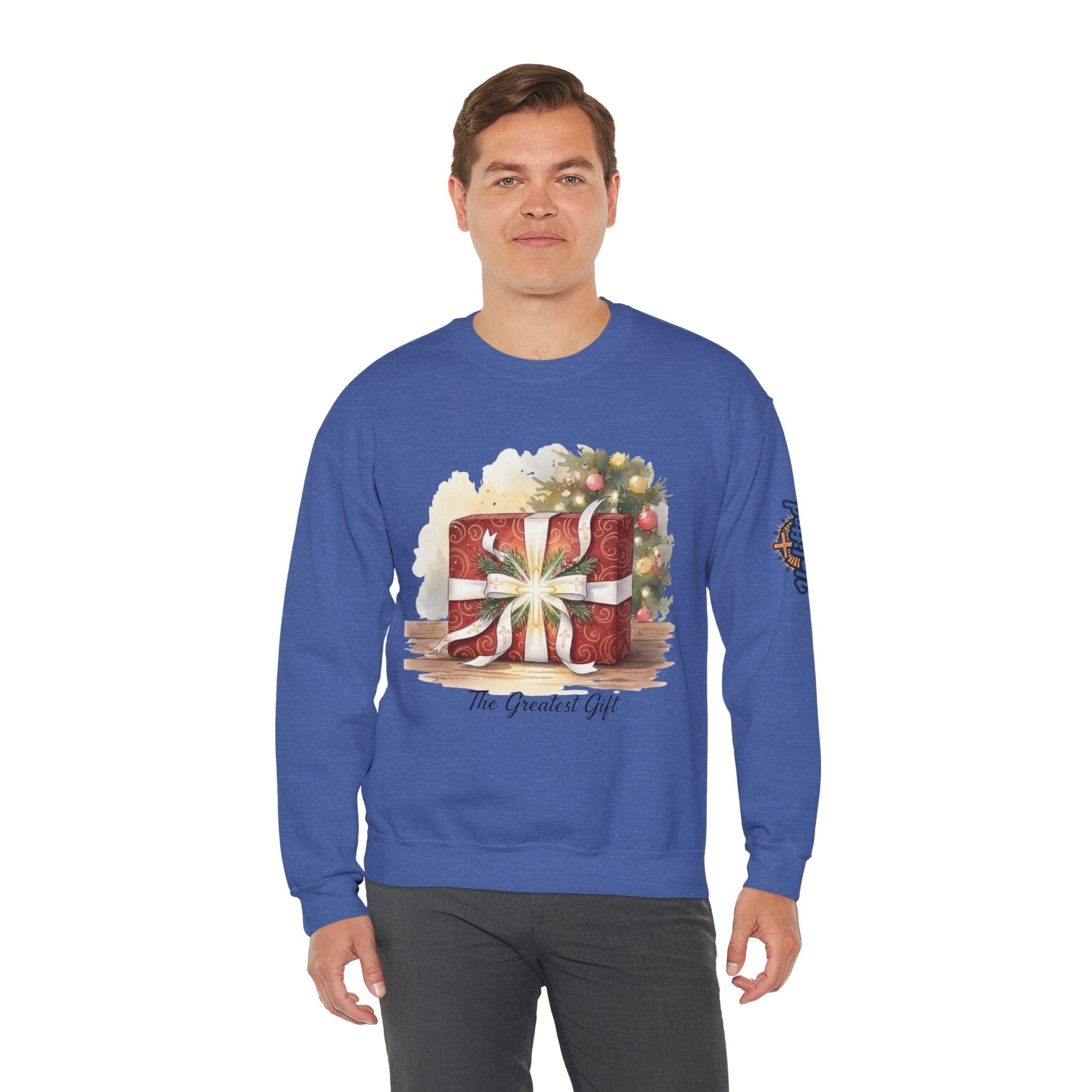 The Greatest Gift Sweatshirt – Cross Bow Present Christian Sweatshirt for Christmas Salvation & Eternal Faith Printify