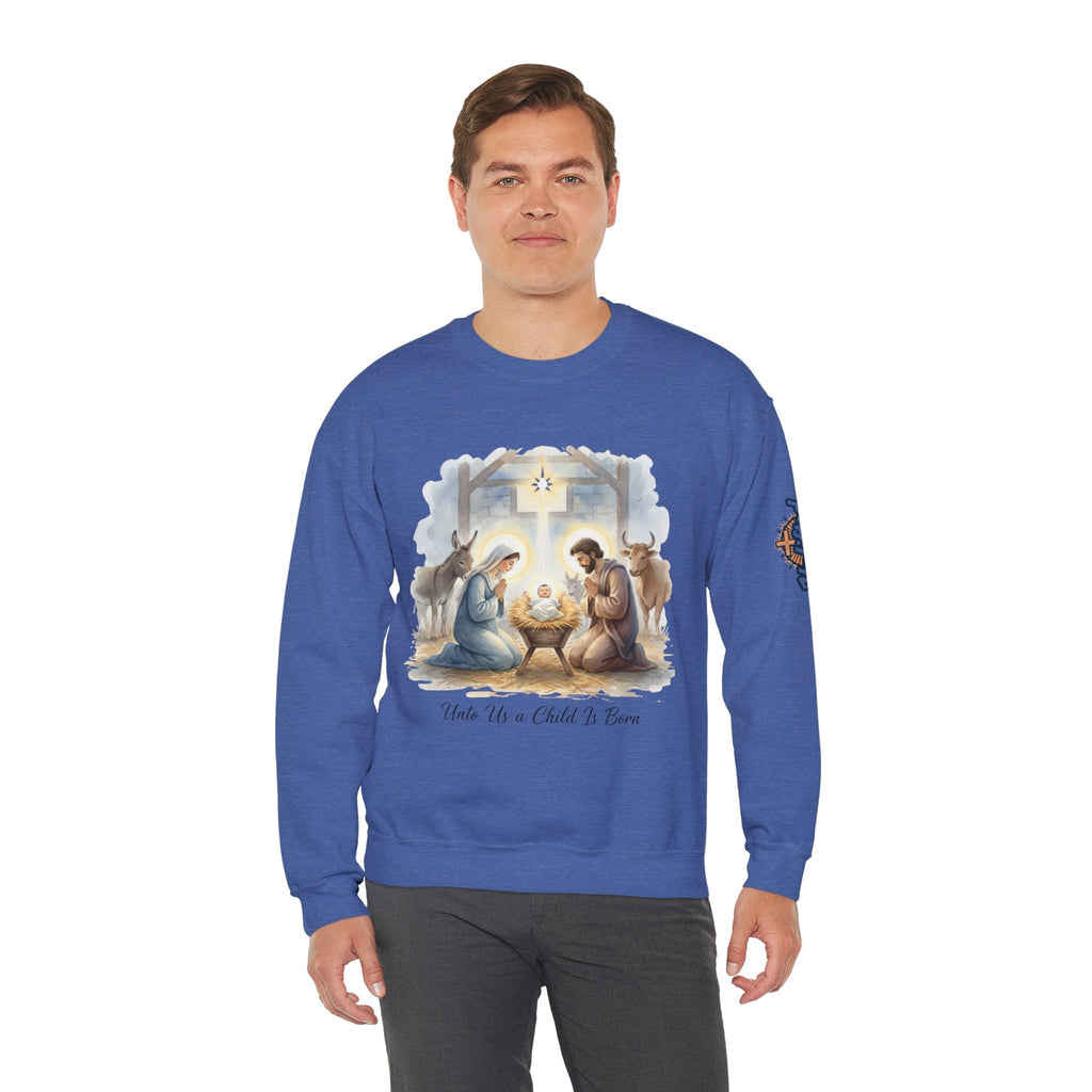 Unto Us a Child is Born Sweatshirt – Isaiah 9:6 Nativity Manger Scene Christian Christmas Sweatshirt for Holy Night Faith Printify