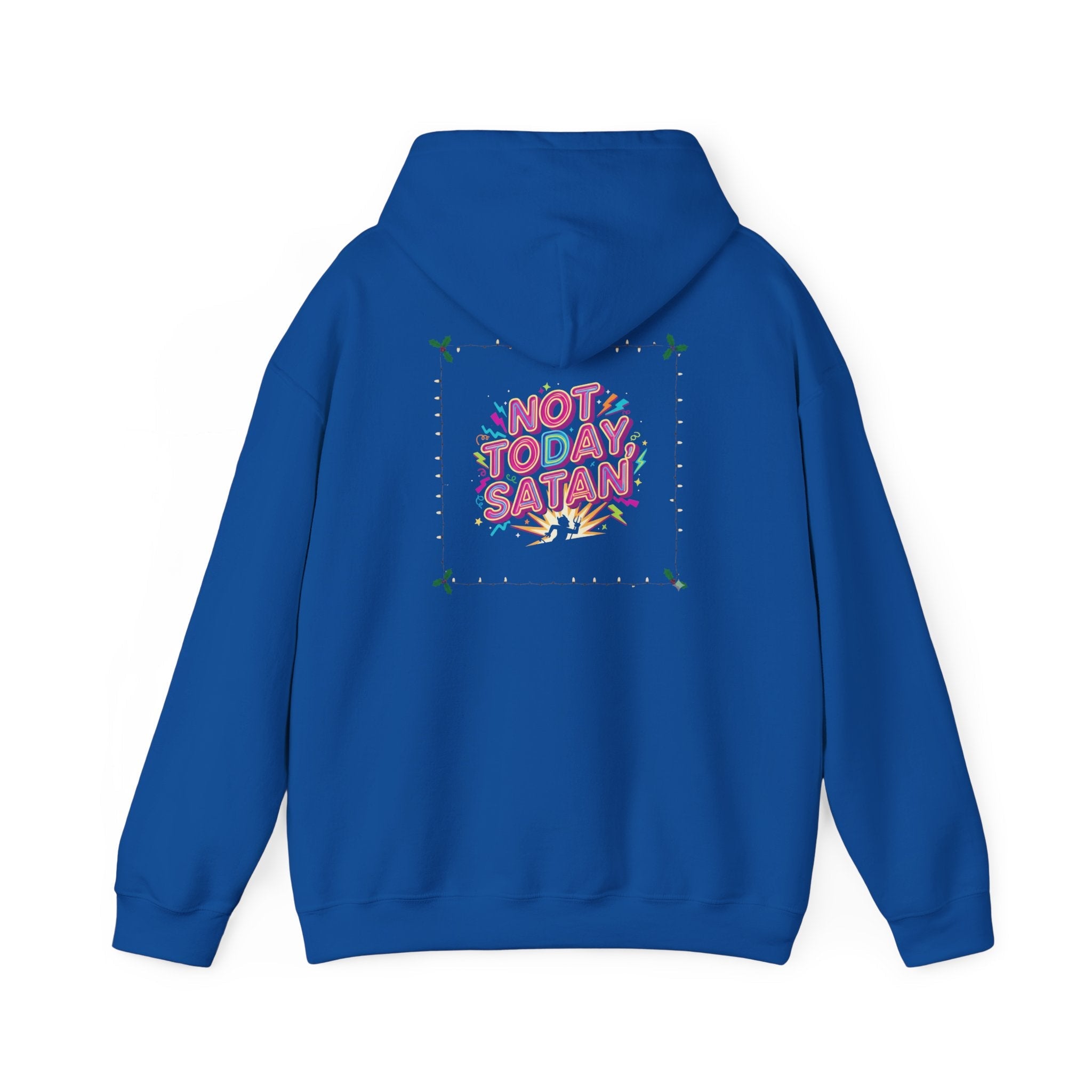 🔥 Not Today, Satan – Retro 90s Christian Hoodie | Neon Faith Tee | Funky Cartoon Devil | Bold Bible Verse Shirt | Uplifted Gear Printify