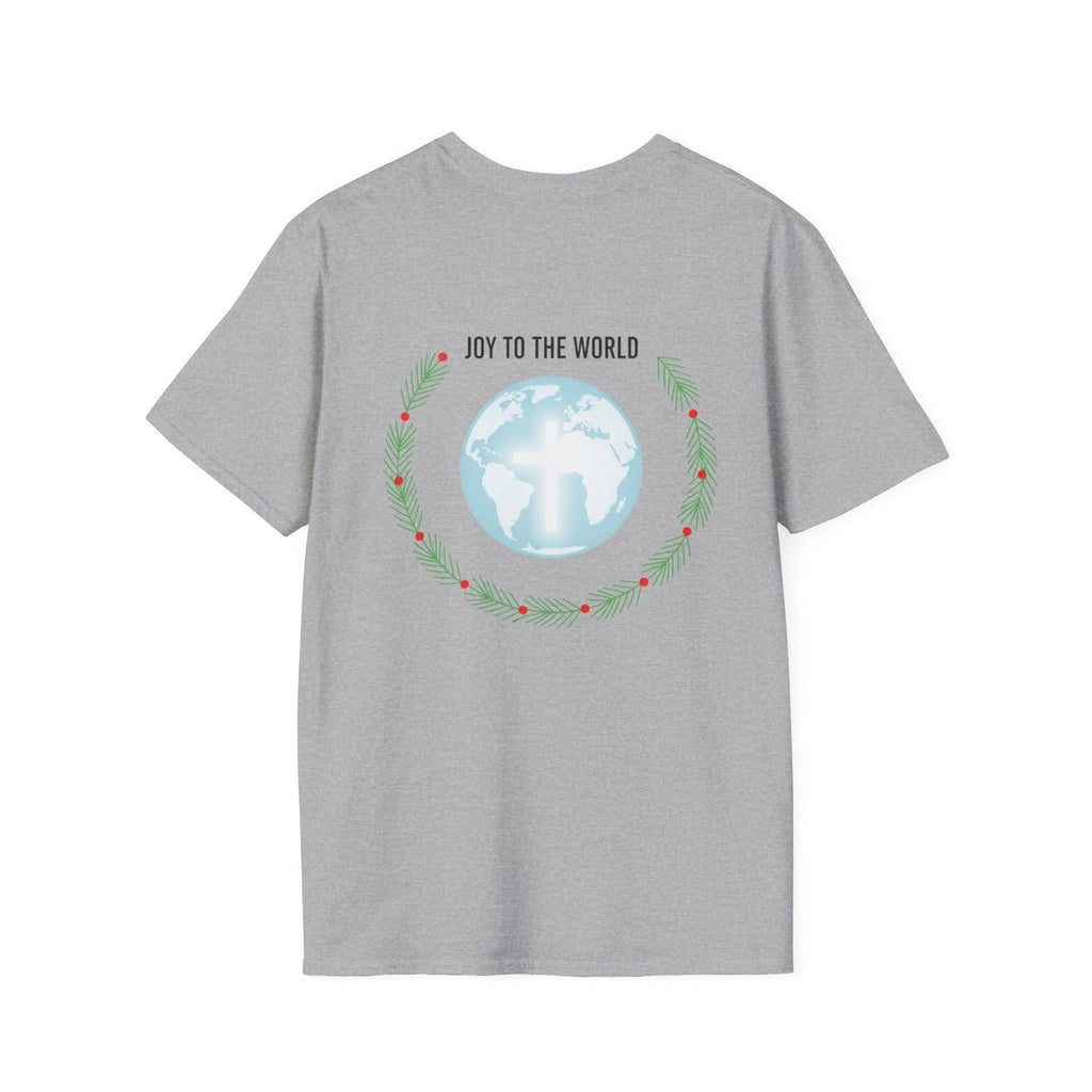 Joy to the World T-shirt – Wreath Earth Nativity Christian Christmas T-shirt for Isaiah 9:6 Holiday Faith & Festive Joy Printify