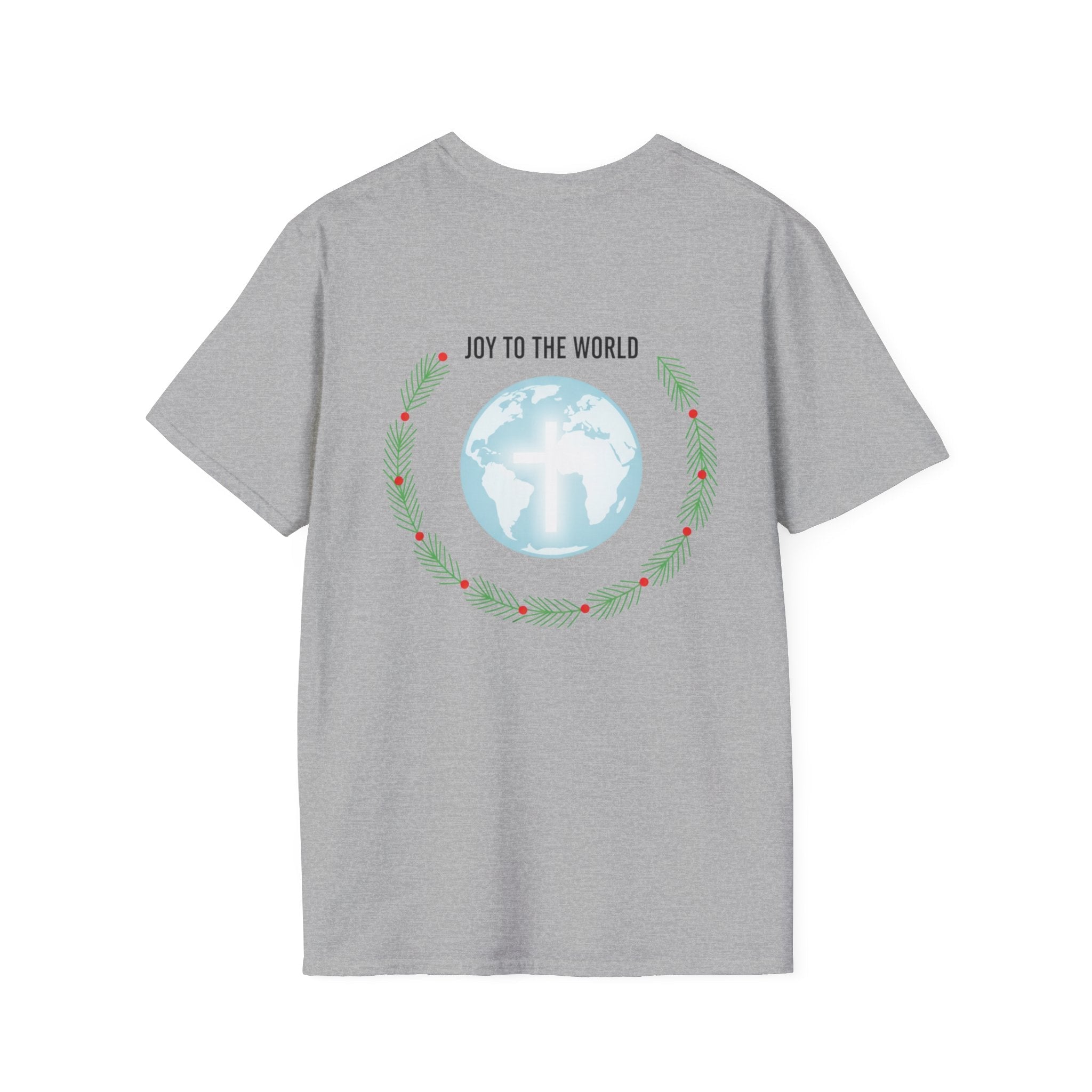 Joy to the World T-shirt – Wreath Earth Nativity Christian Christmas T-shirt for Isaiah 9:6 Holiday Faith & Festive Joy Printify