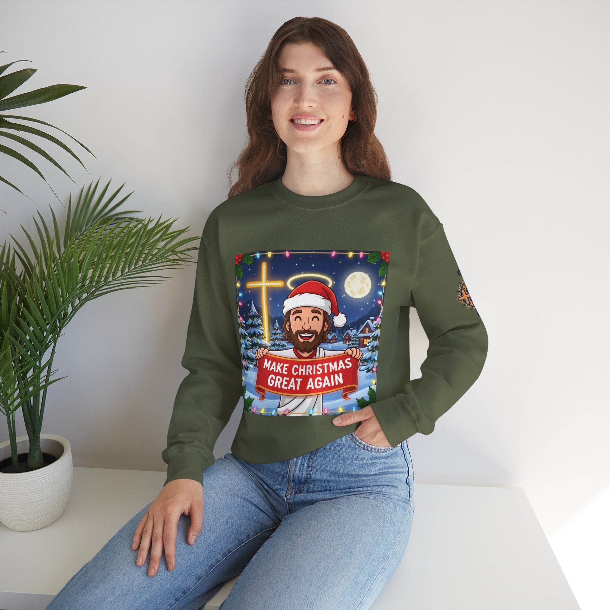 🎄 Make Christmas Great Again – Funny Christian Sweatshirt | Jesus Holding Banner | Faith-Based Holiday Parody Tee | Uplifted Gear Printify