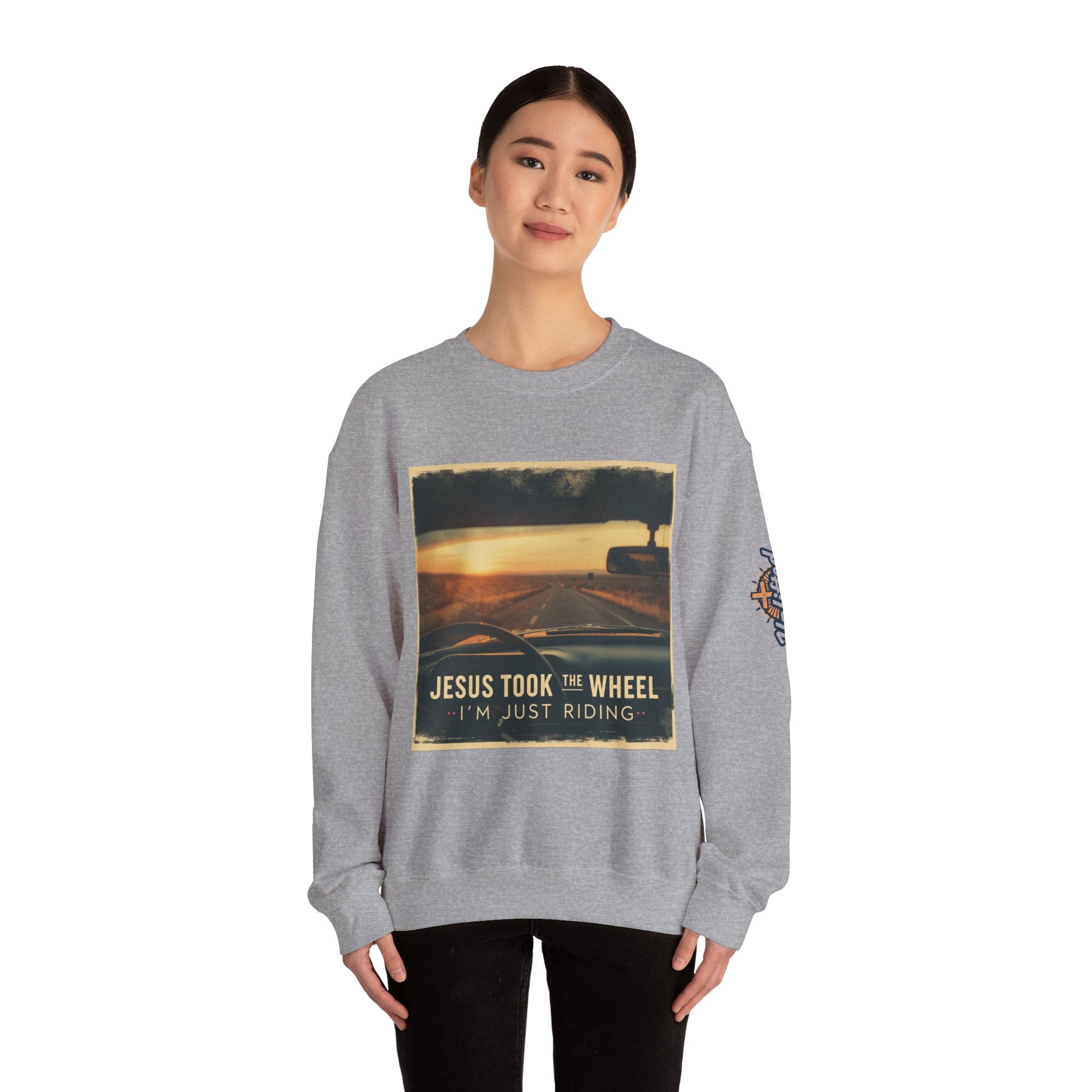 Jesus Took the Wheel I'm Just Riding Sweatshirt – Funny Christian Convertible Car Sweatshirt for Surrendered Faith & Humor