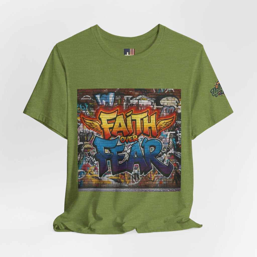 Faith Over Fear T-shirt – Graffiti Wall Christian T-shirt for Bold 2 Corinthians 5:7 Streetwear & Unshakable Faith Printify