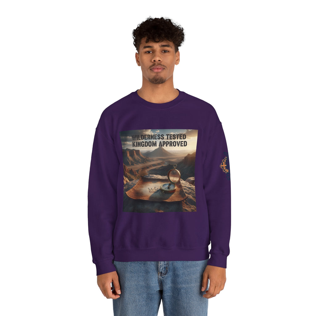 Wilderness Tested Kingdom Approved Sweatshirt – Mountain Desert Compass Crown Christian Sweatshirt for Biblical Adventure Faith Printify